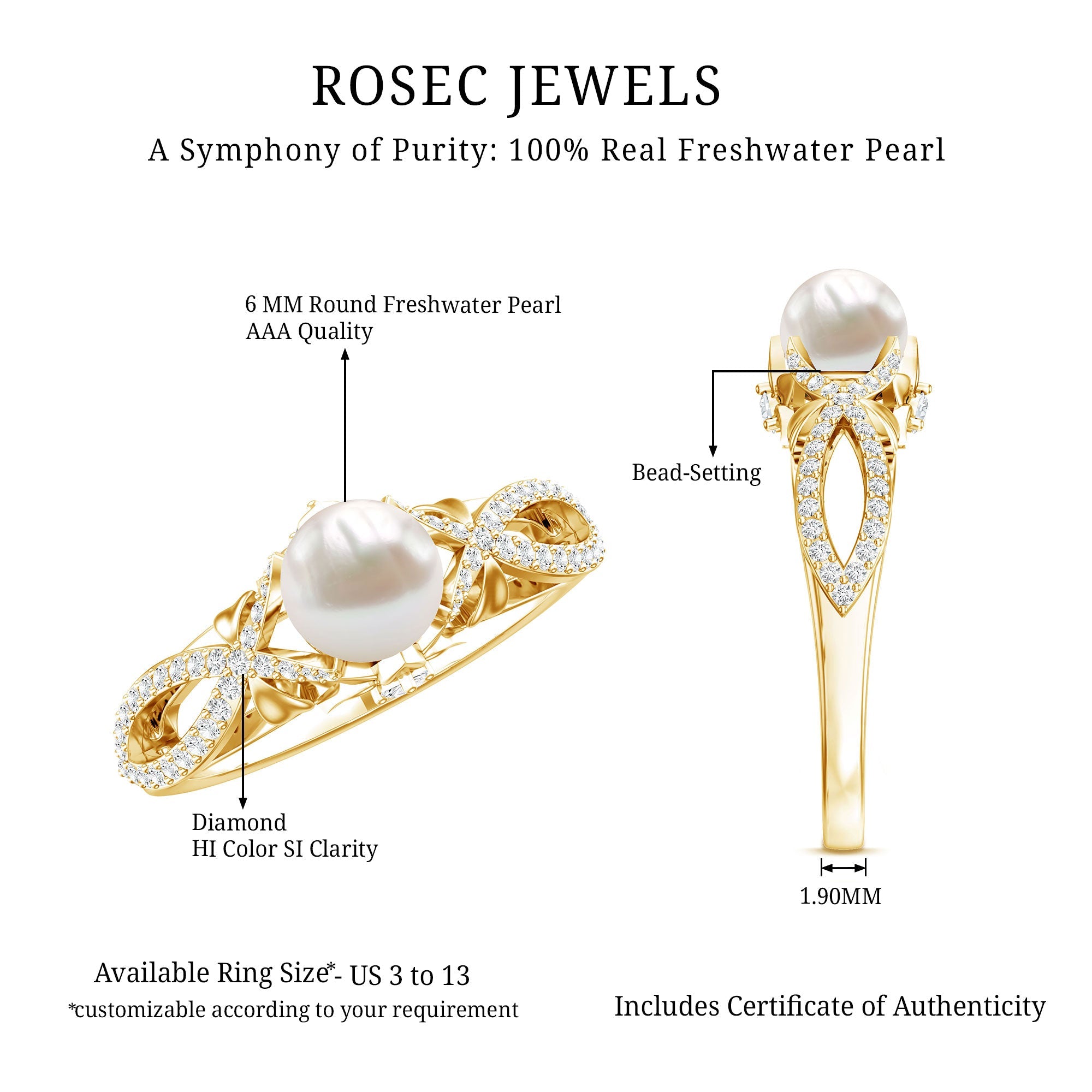 Cultured 2 Carat Freshwater Pearl Solitaire Engagement Ring with Diamond Crossover Shank