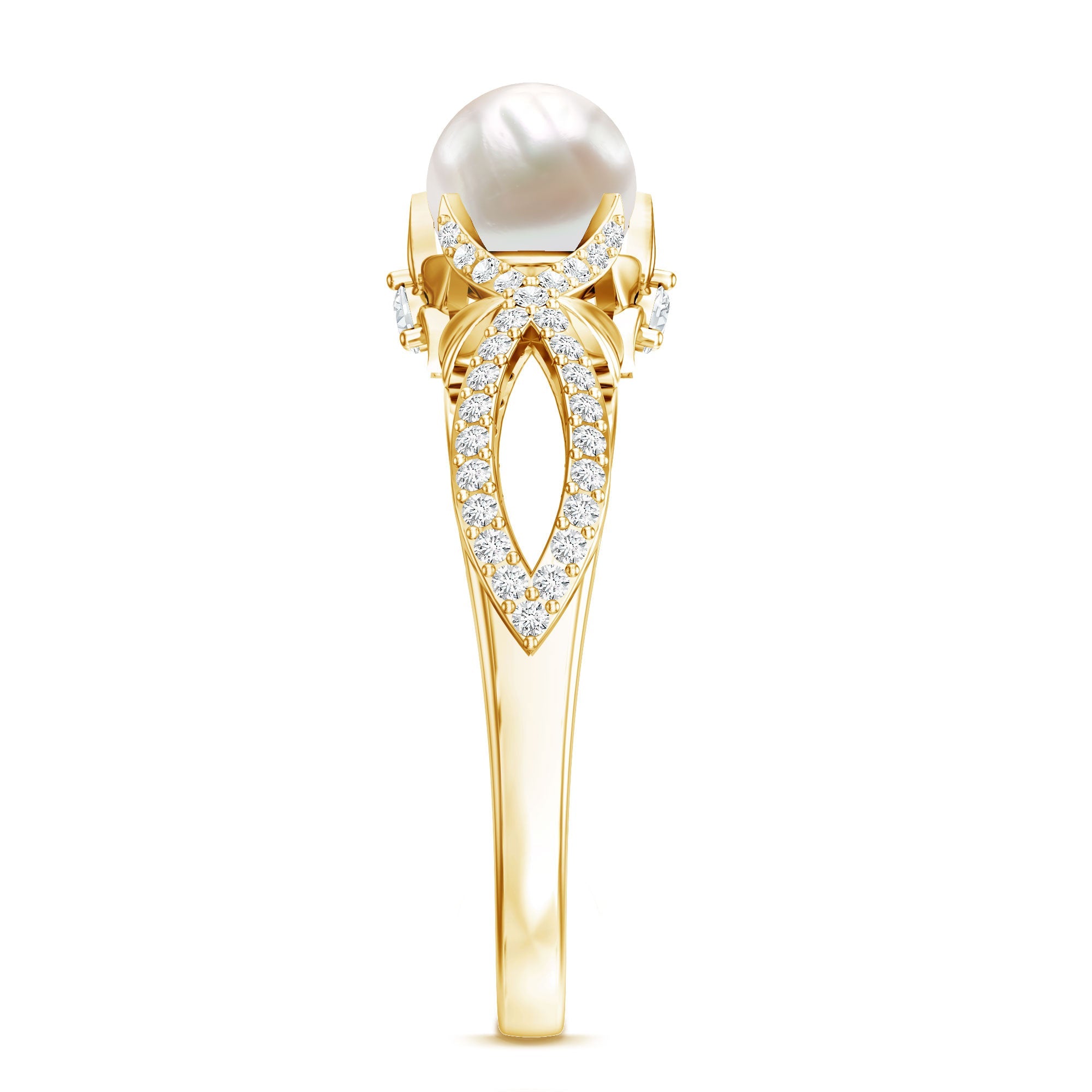 Cultured 2 Carat Freshwater Pearl Solitaire Engagement Ring with Diamond Crossover Shank