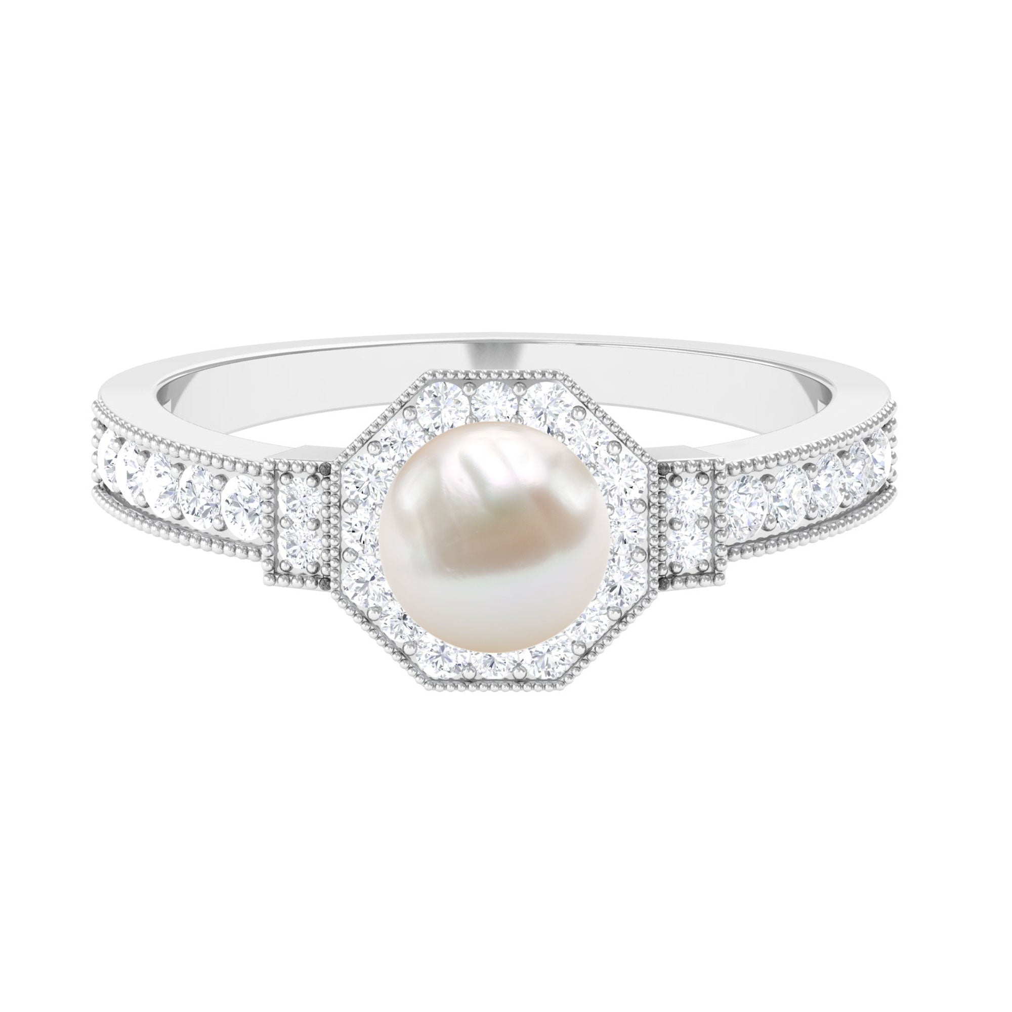 Art Deco Inspired 2 Carat Freshwater Pearl Engagement Ring with Diamond Halo