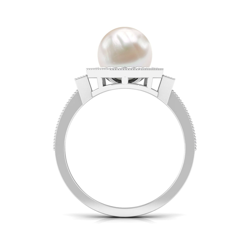 Art Deco Inspired 2 Carat Freshwater Pearl Engagement Ring with Diamond Halo