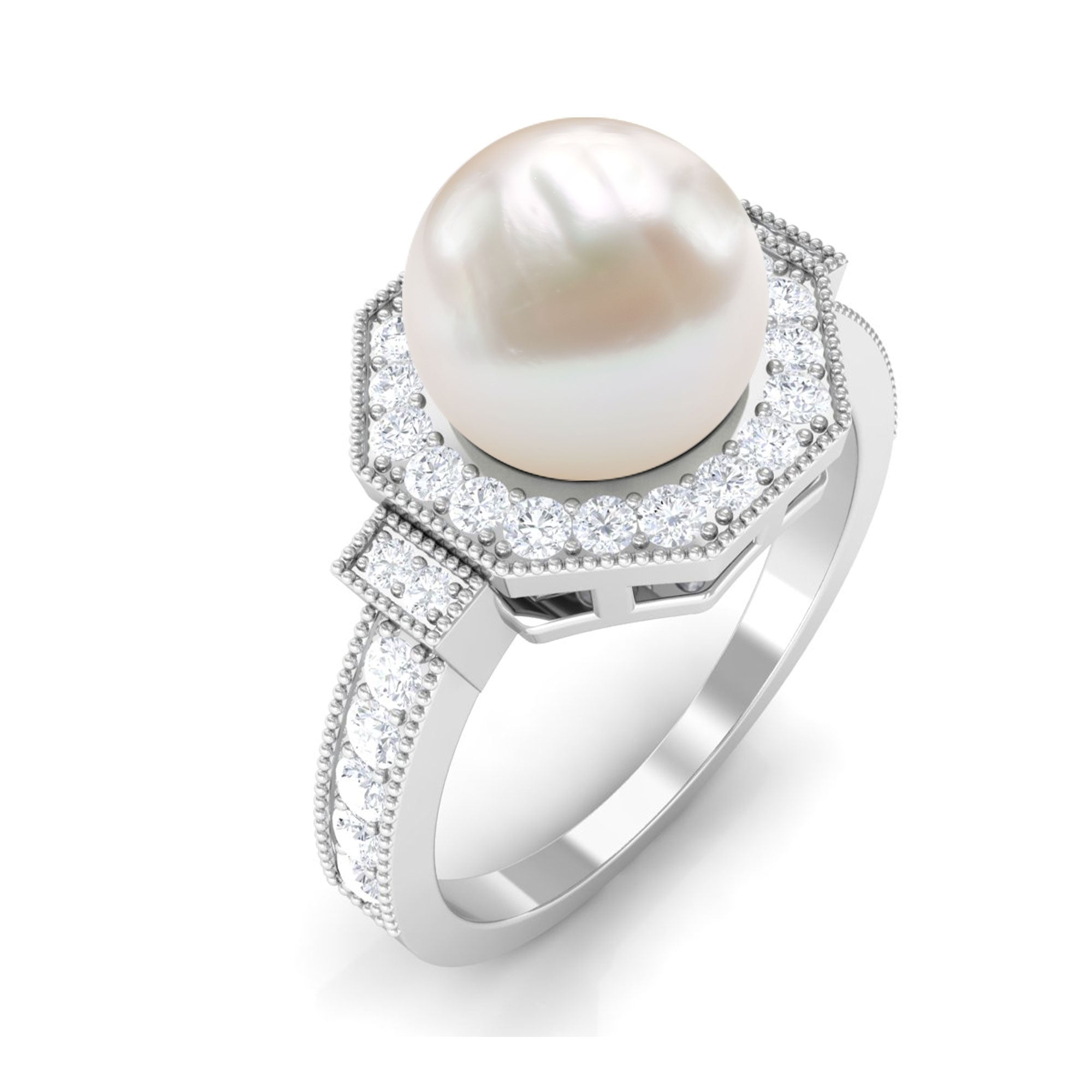Art Deco Inspired 2 Carat Freshwater Pearl Engagement Ring with Diamond Halo