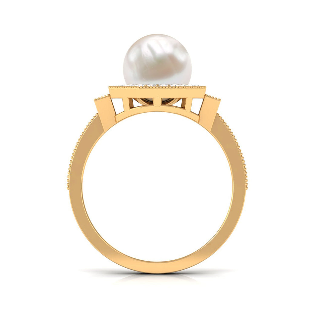 Art Deco Inspired 2 Carat Freshwater Pearl Engagement Ring with Diamond Halo