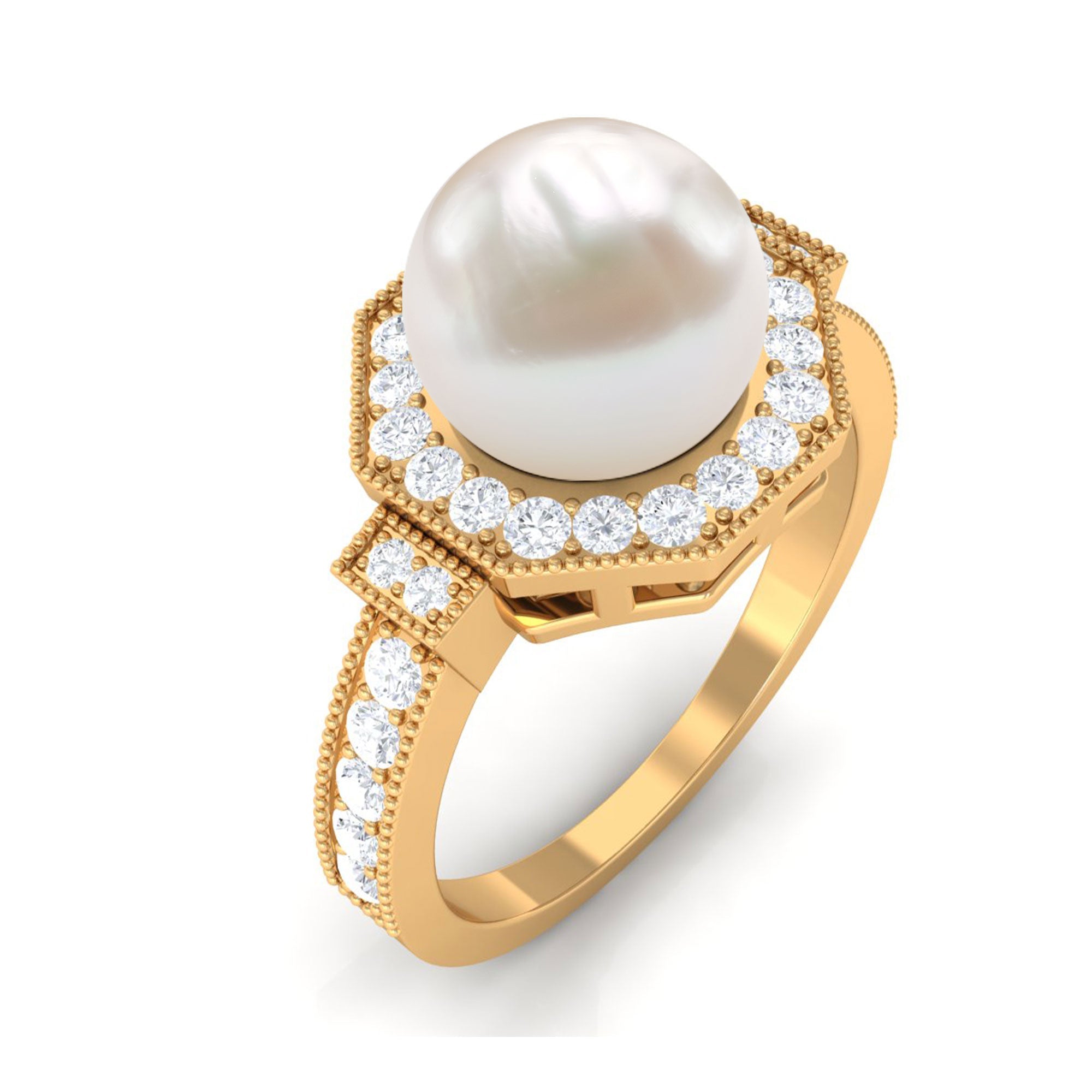 Art Deco Inspired 2 Carat Freshwater Pearl Engagement Ring with Diamond Halo