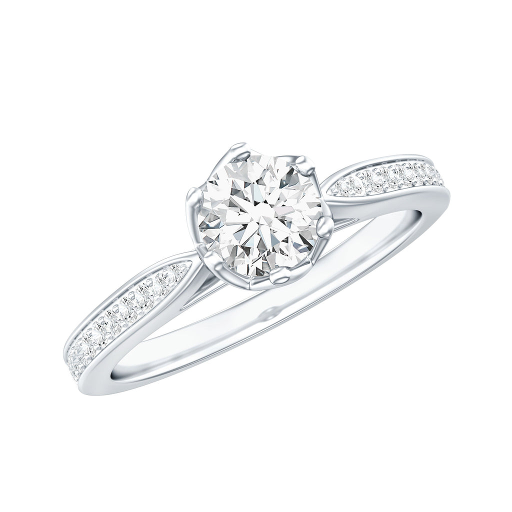 Lotus Basket Set Cubic Zirconia Engagement Ring with Side Stones