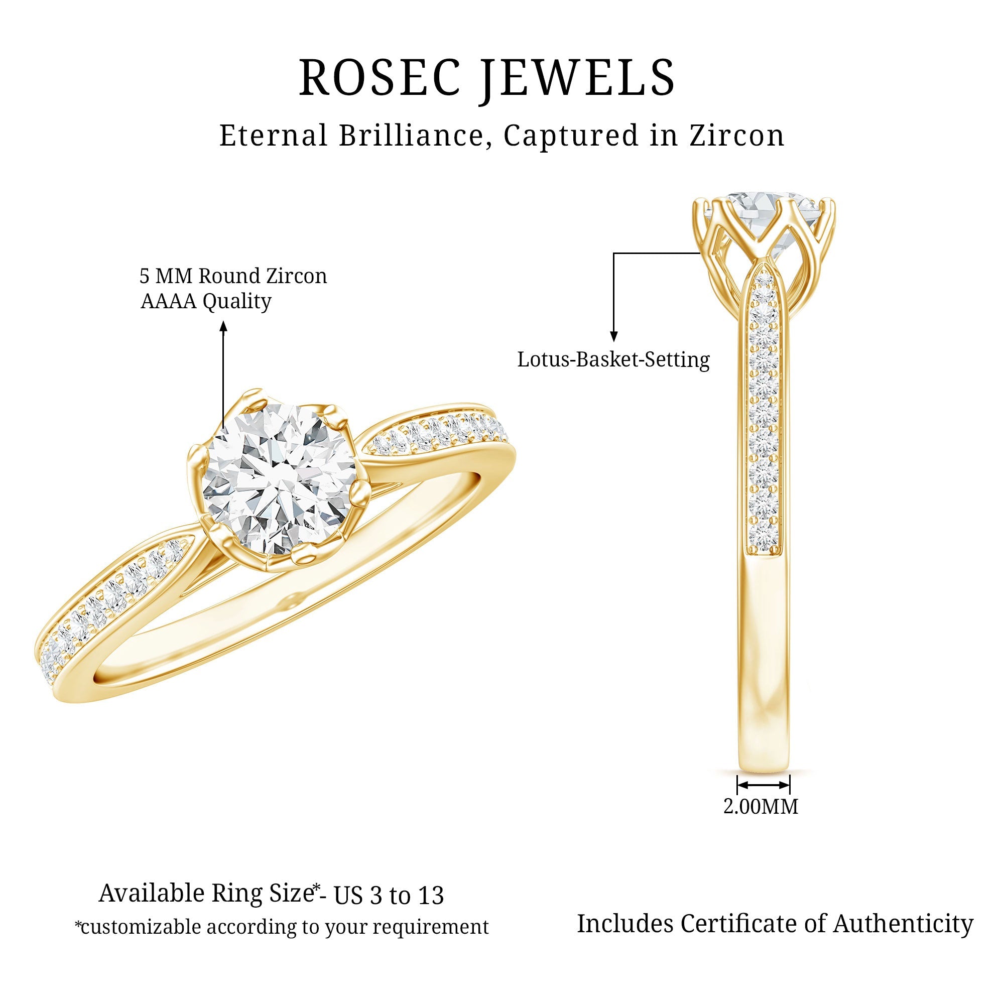 Lotus Basket Set Cubic Zirconia Engagement Ring with Side Stones