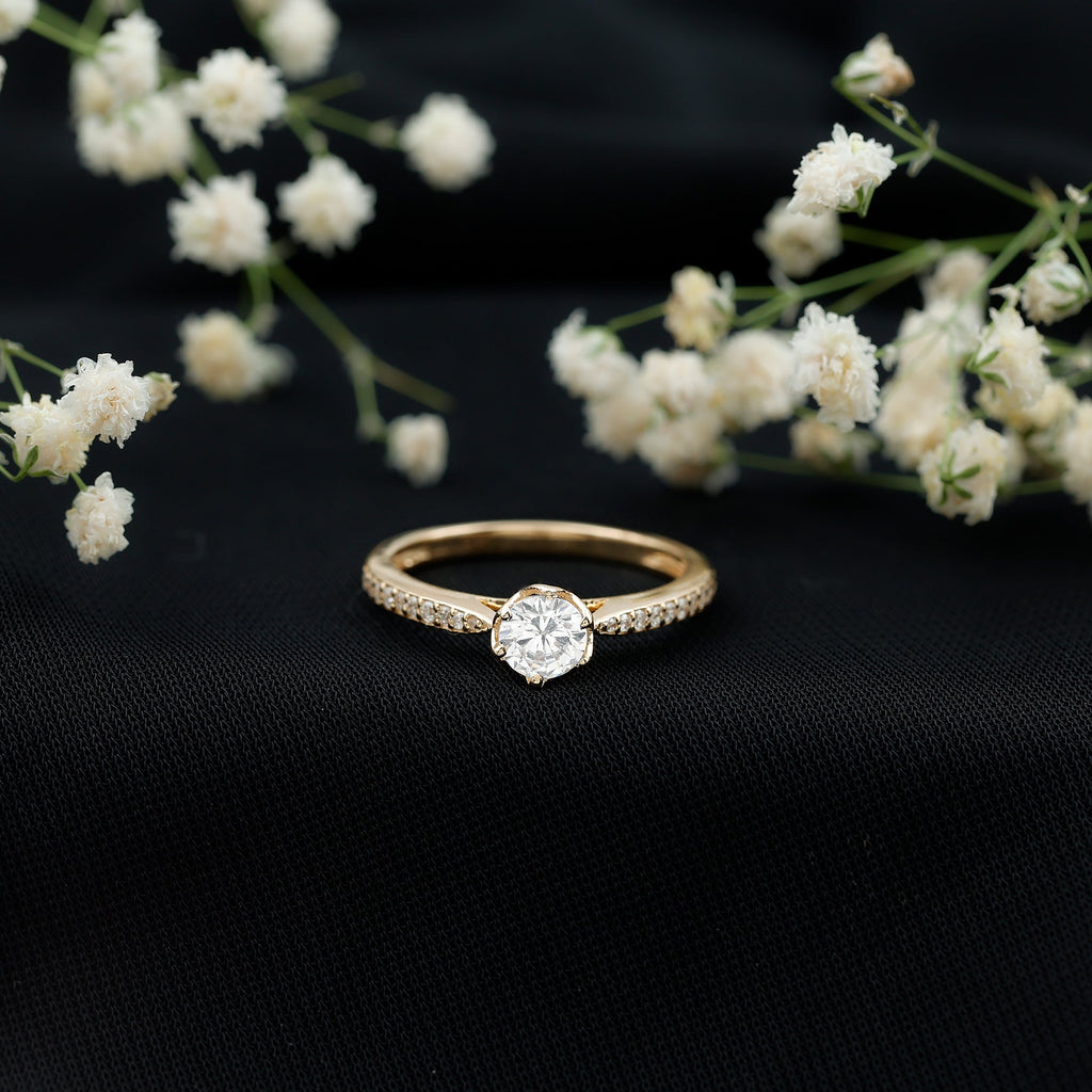 Lotus Basket Set Cubic Zirconia Engagement Ring with Side Stones