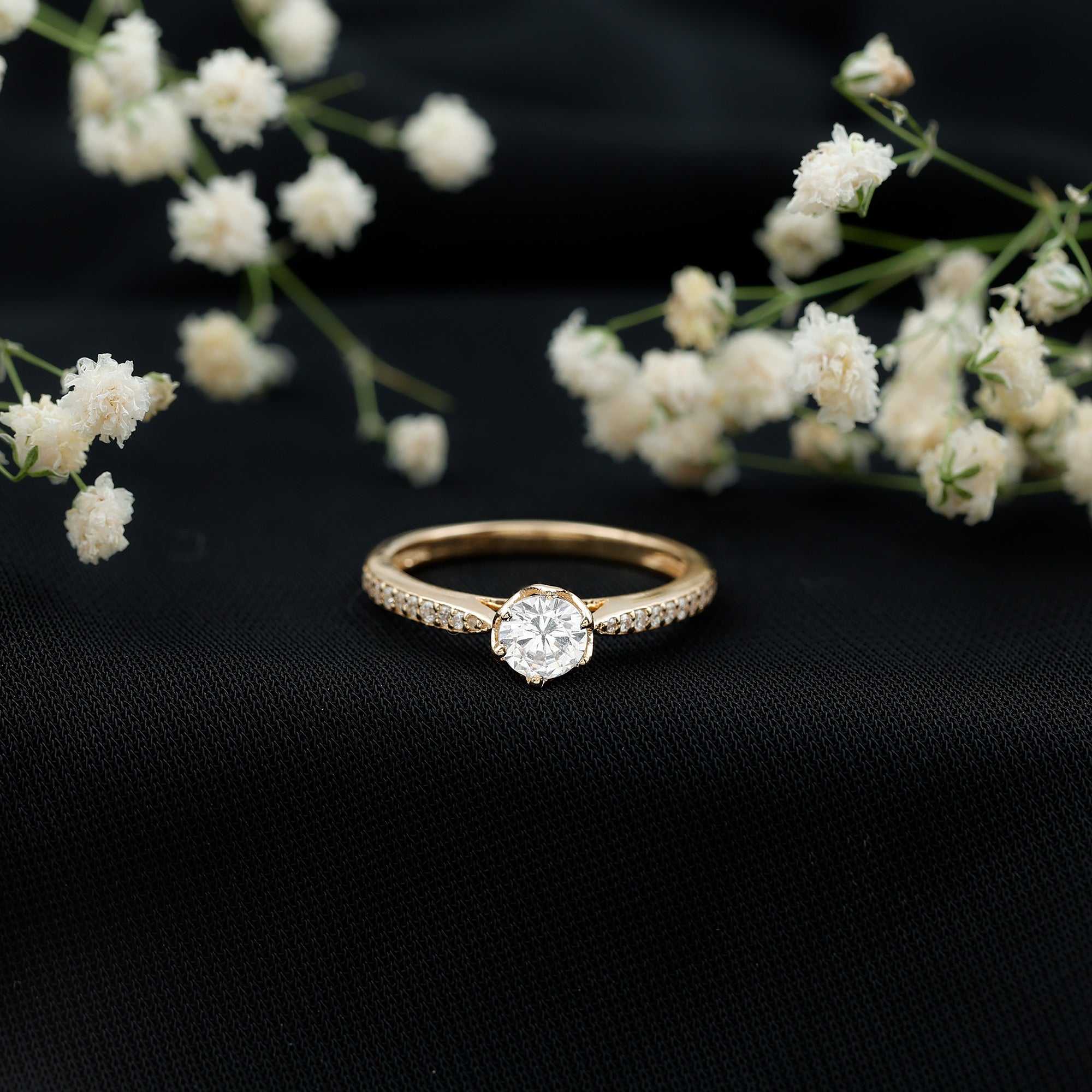 Lotus Basket Set Cubic Zirconia Engagement Ring with Side Stones