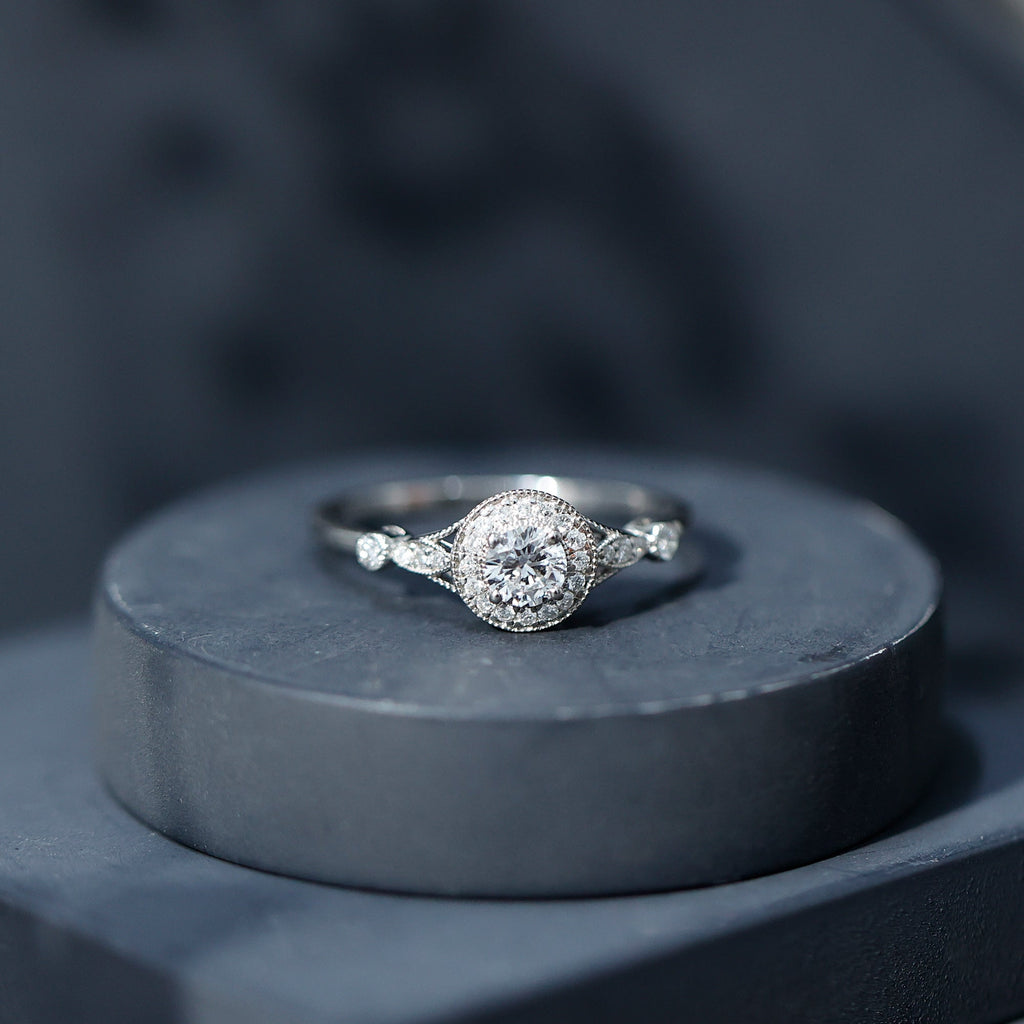 Antique Inspired Zircon Halo Engagement Ring