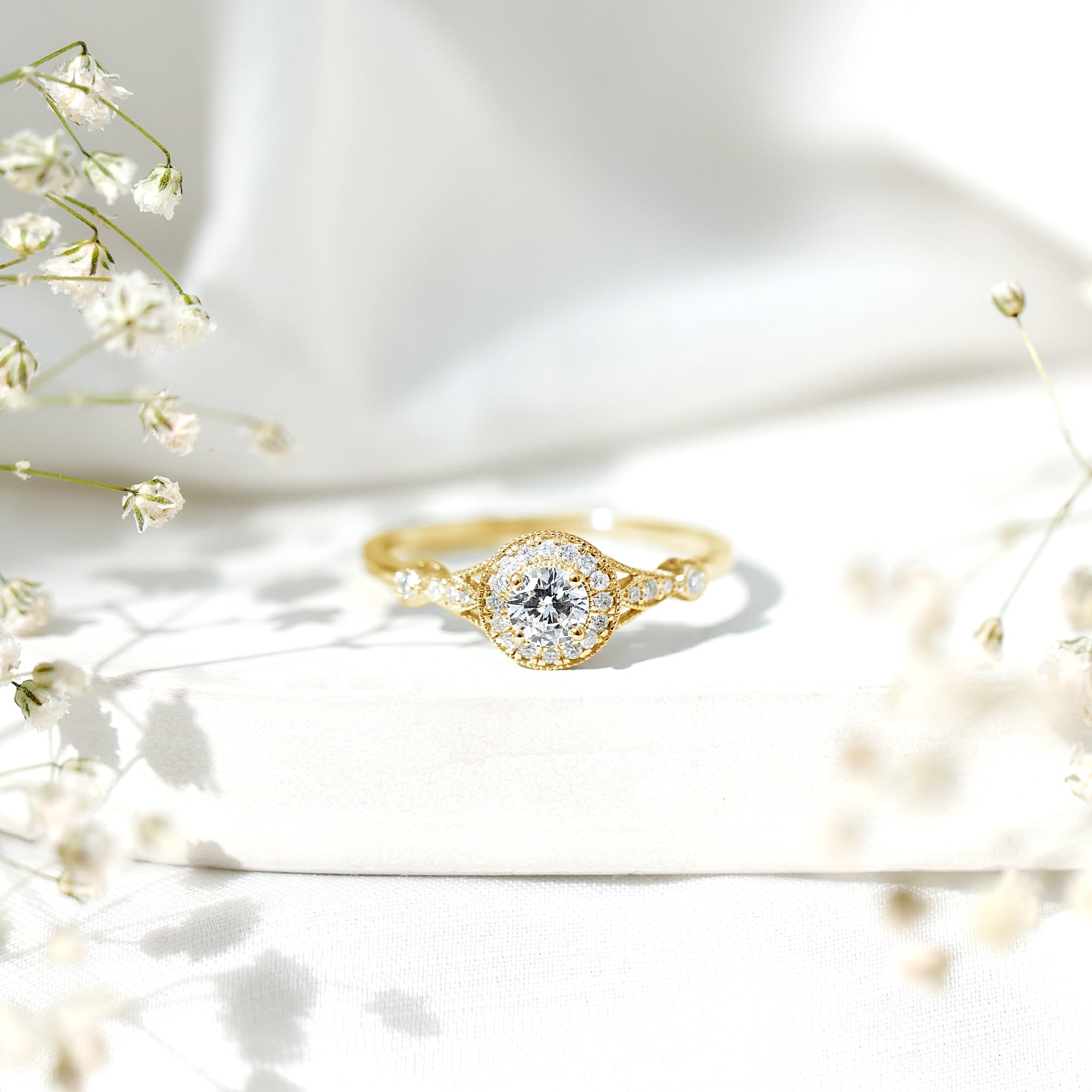 Antique Inspired Zircon Halo Engagement Ring