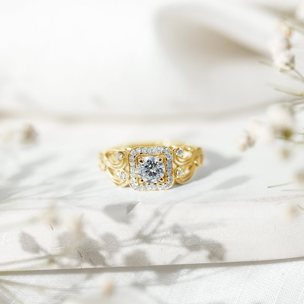 Zircon Vintage Inspired Halo Engagement Ring