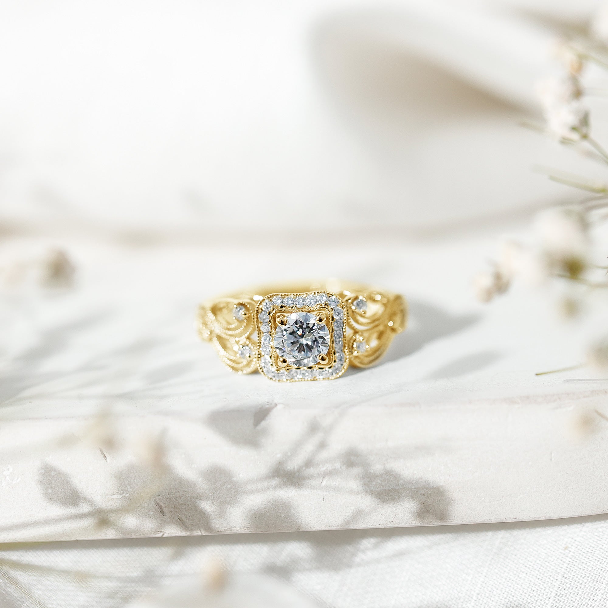 Zircon Vintage Inspired Halo Engagement Ring