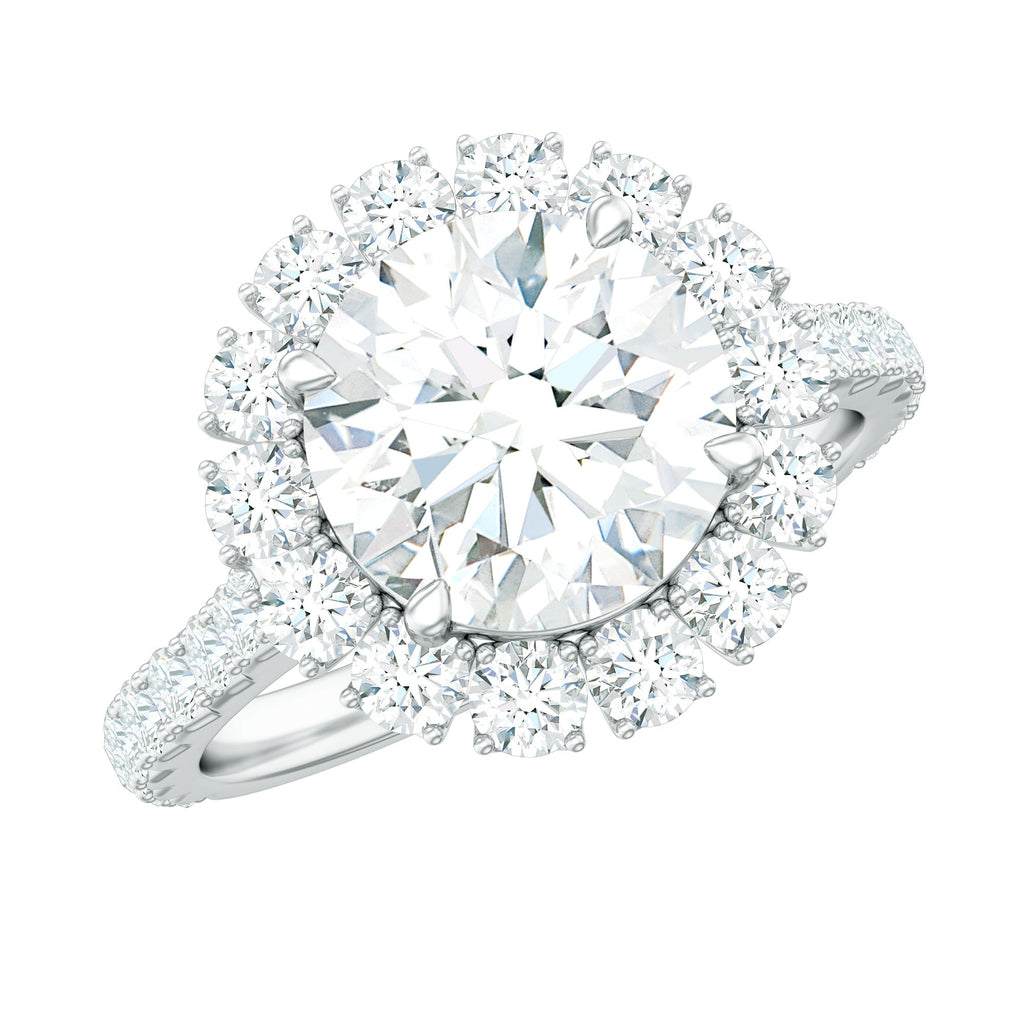 Zircon Round Engagement Ring with Floating Halo and Side Stones