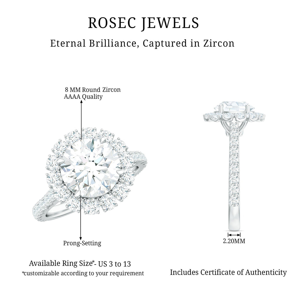 Zircon Round Engagement Ring with Floating Halo and Side Stones