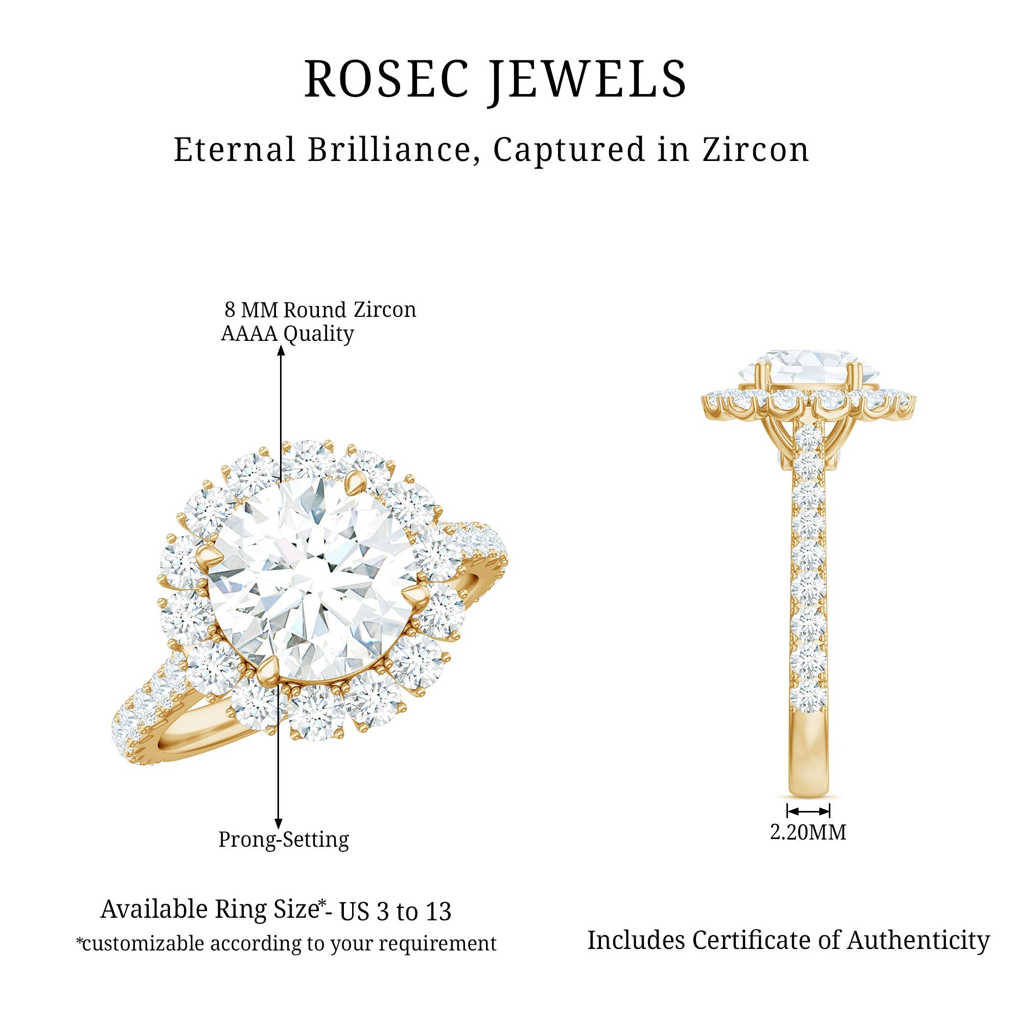 Zircon Round Engagement Ring with Floating Halo and Side Stones