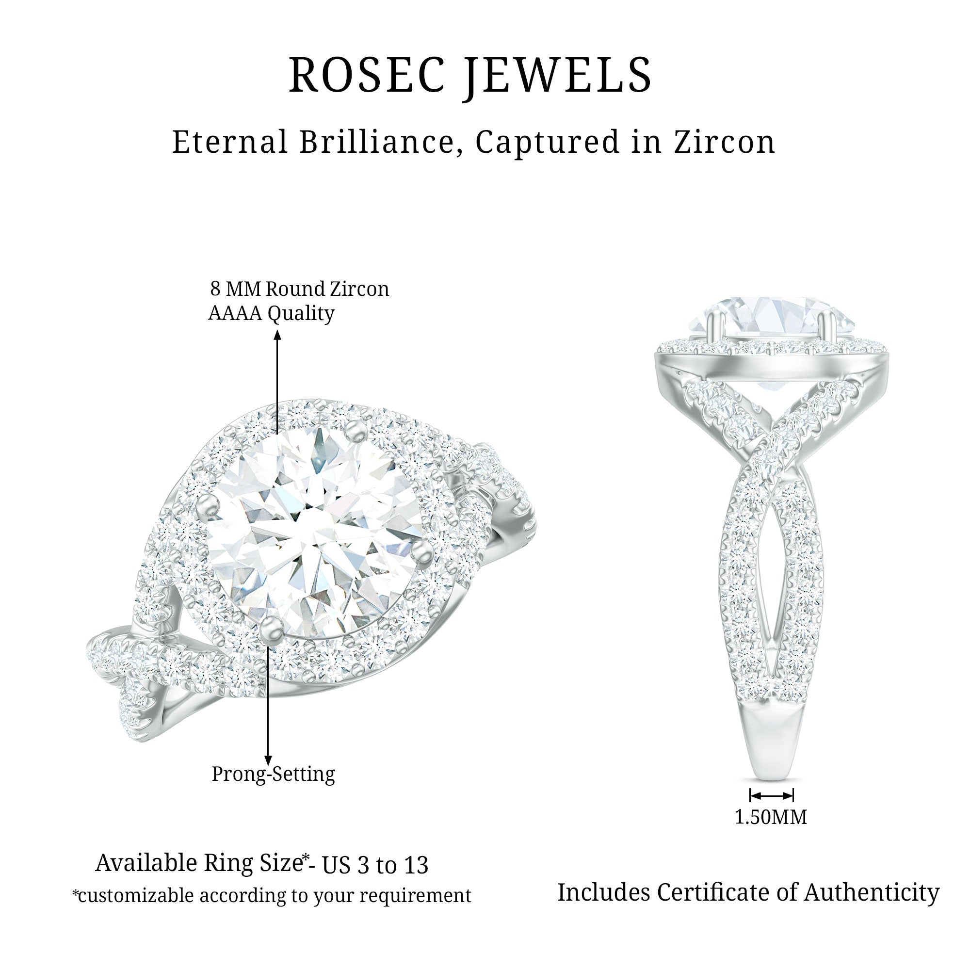 2 Carat Round Shape Zircon Crossover Engagement Ring