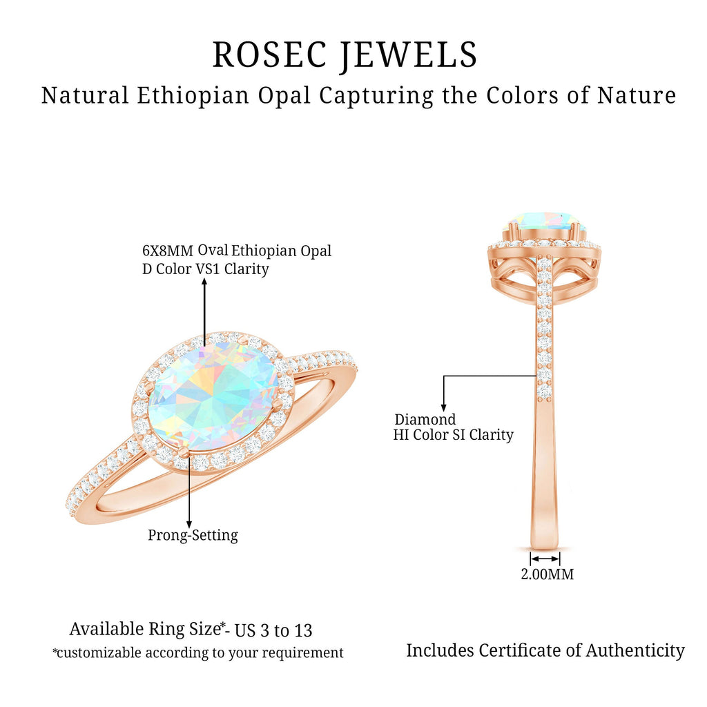 Genuine 6X8mm Oval Opalescent East West Engagement Ring with Diamond Halo