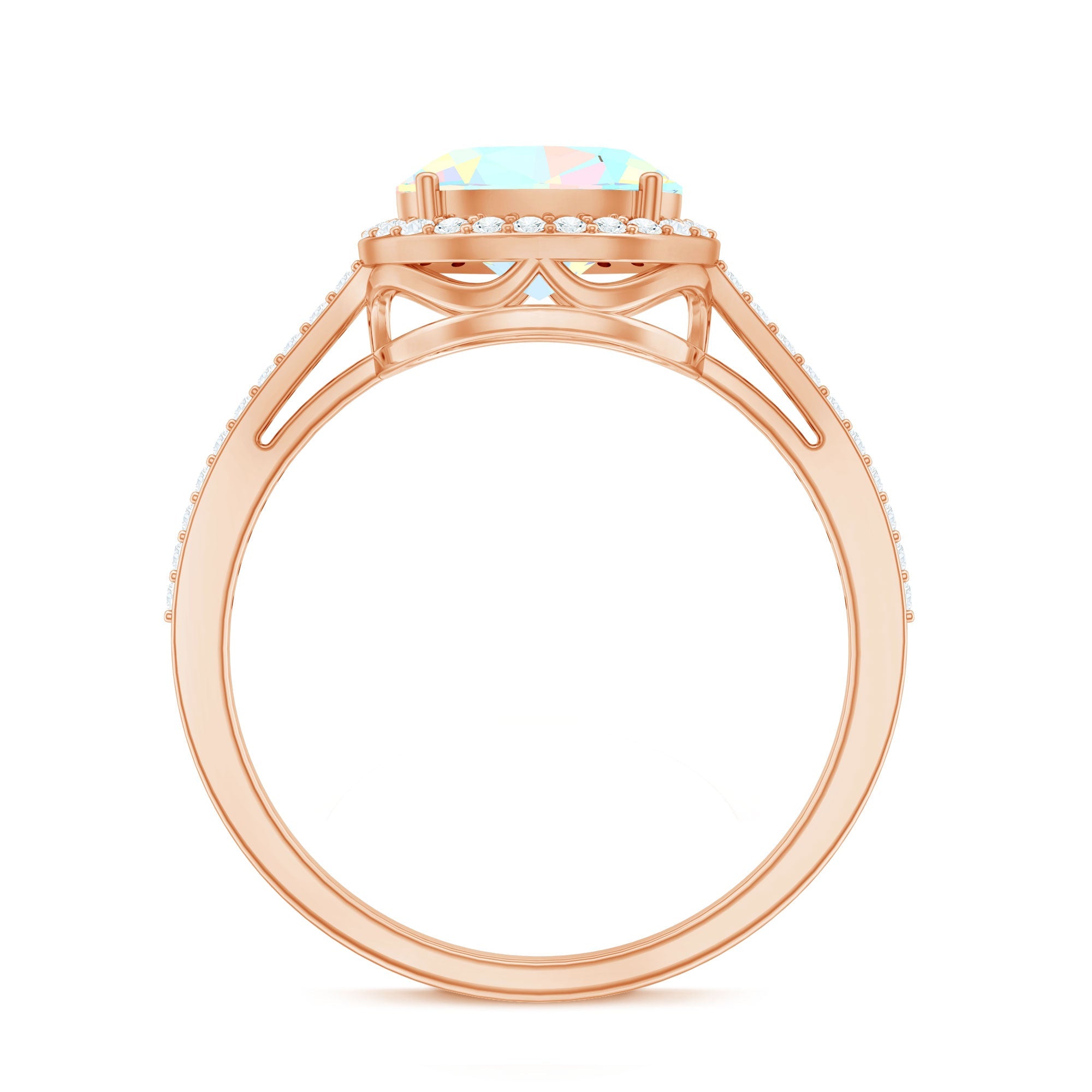 Genuine 6X8mm Oval Opalescent East West Engagement Ring with Diamond Halo