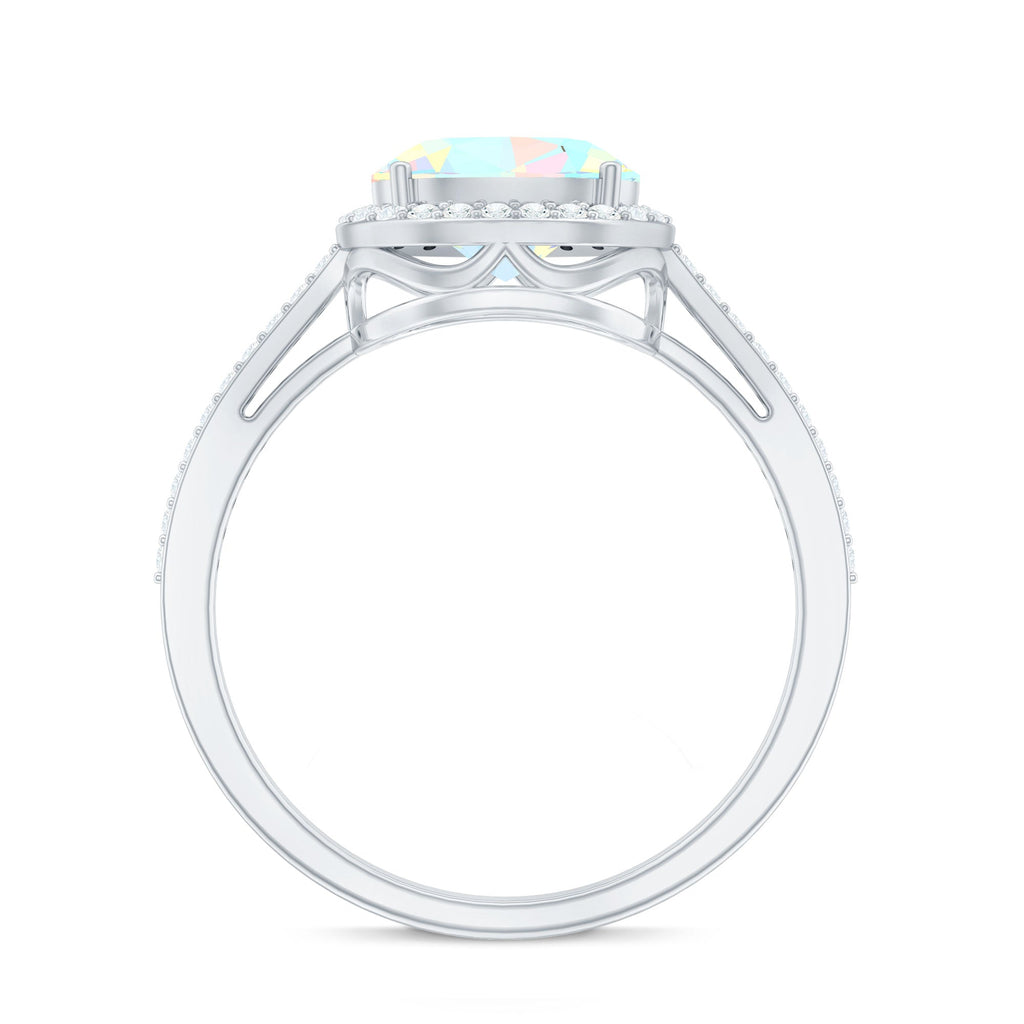 Genuine 6X8mm Oval Opalescent East West Engagement Ring with Diamond Halo