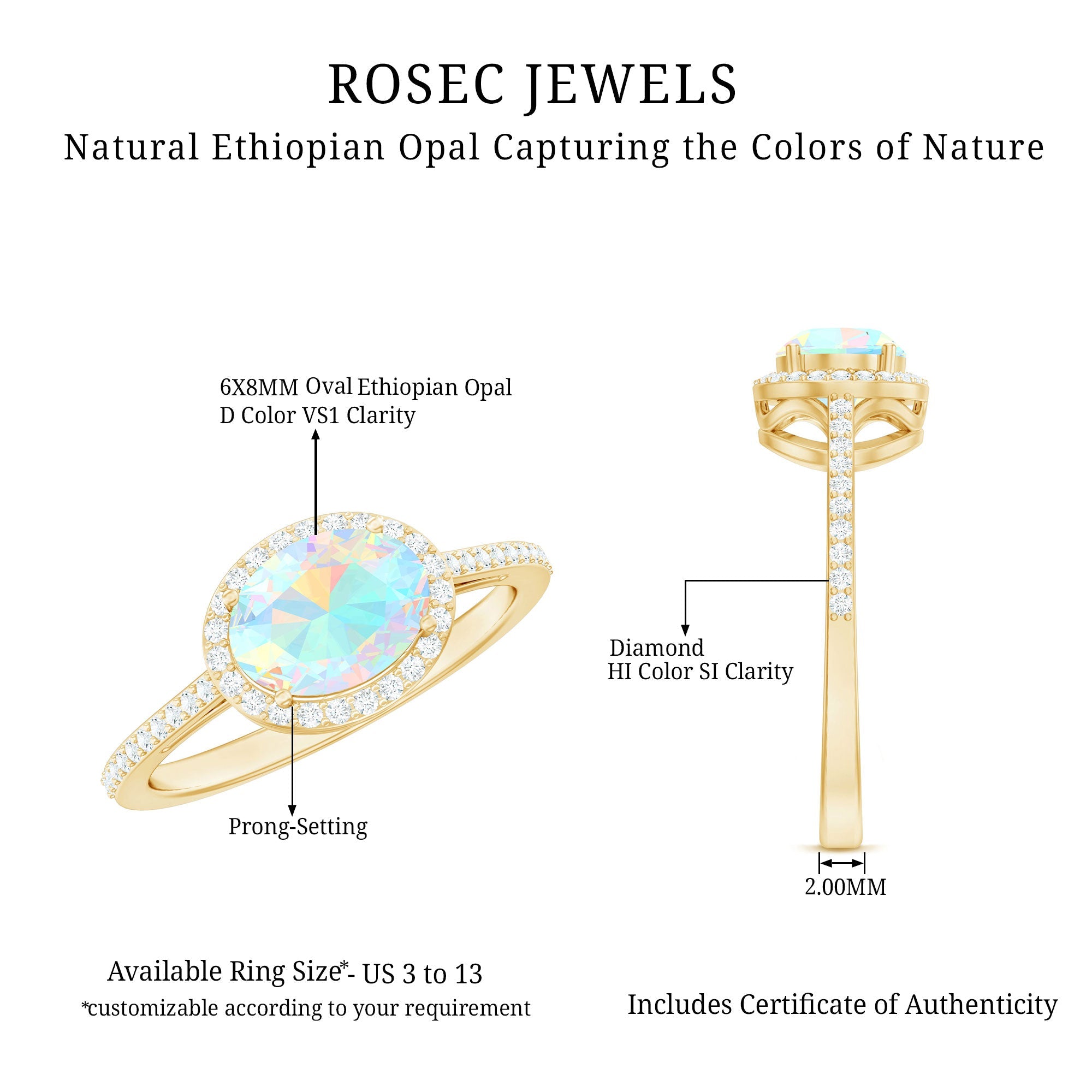 Genuine 6X8mm Oval Opalescent East West Engagement Ring with Diamond Halo