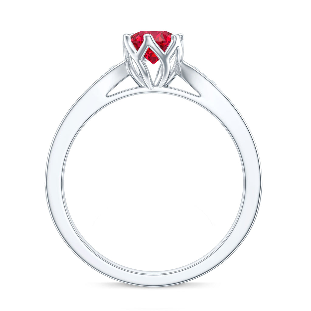 1 CT Round Shape Created Ruby Solitaire Engagement Ring with Diamond