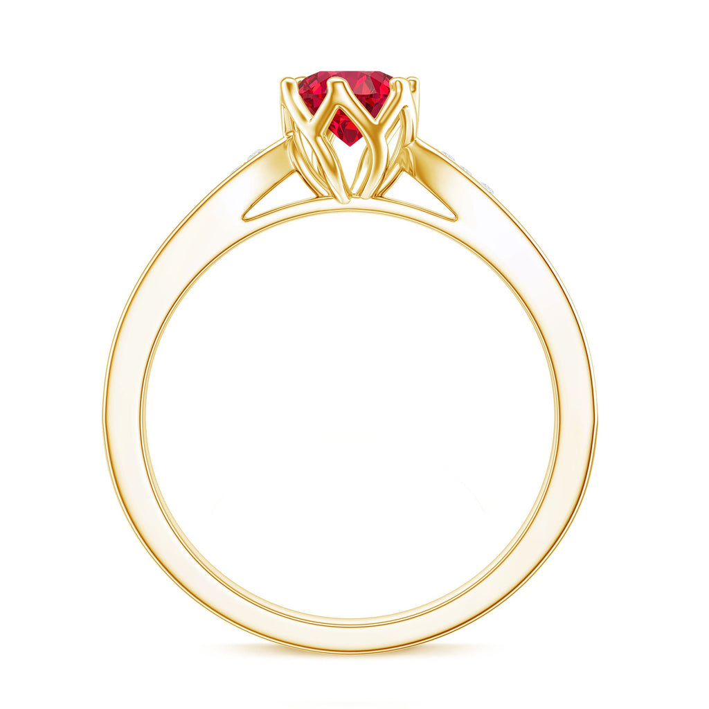 1 CT Round Shape Created Ruby Solitaire Engagement Ring with Diamond
