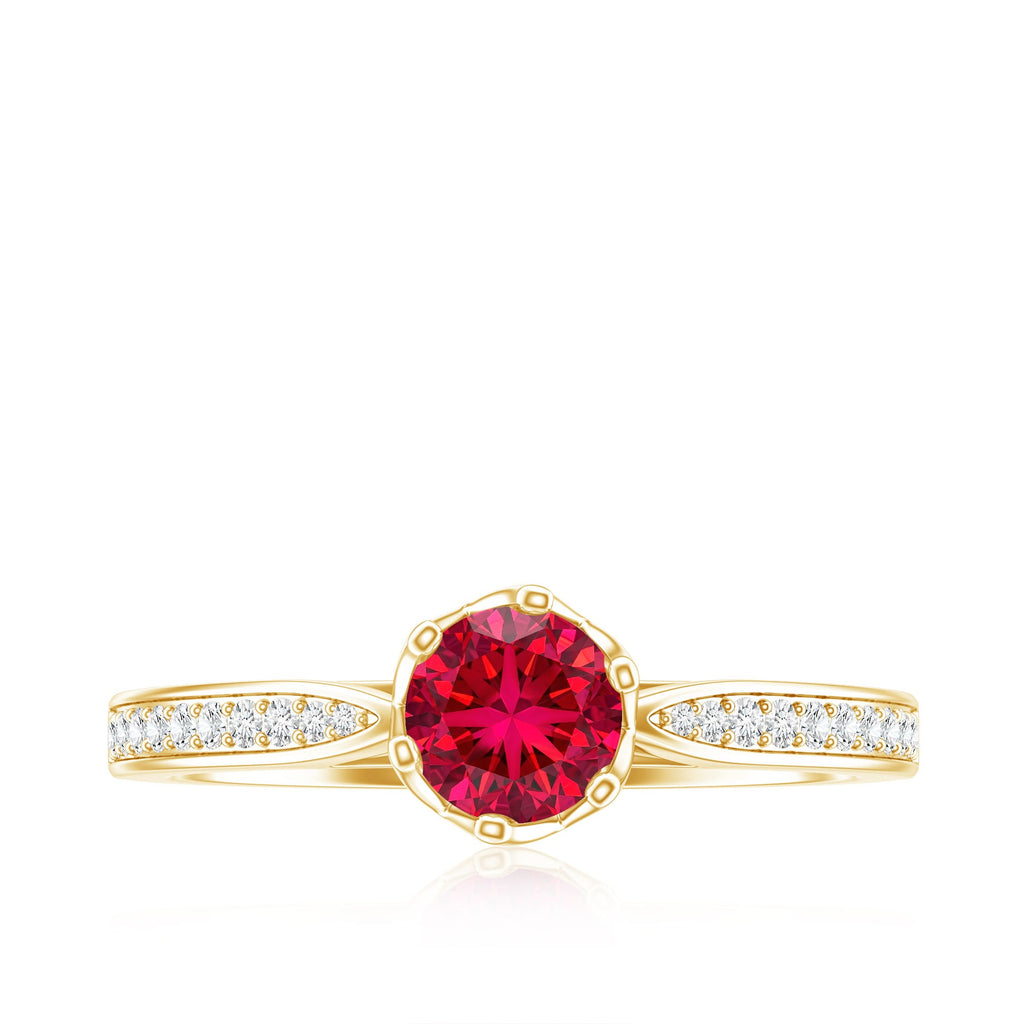 1 CT Round Shape Created Ruby Solitaire Engagement Ring with Diamond