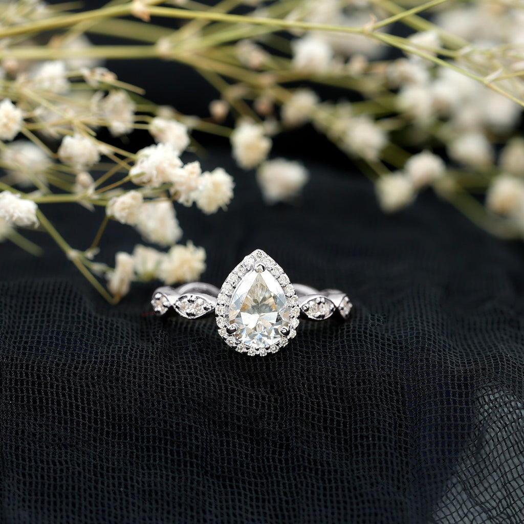 Cubic Zirconia Pear Halo Engagement Ring with Side Stones