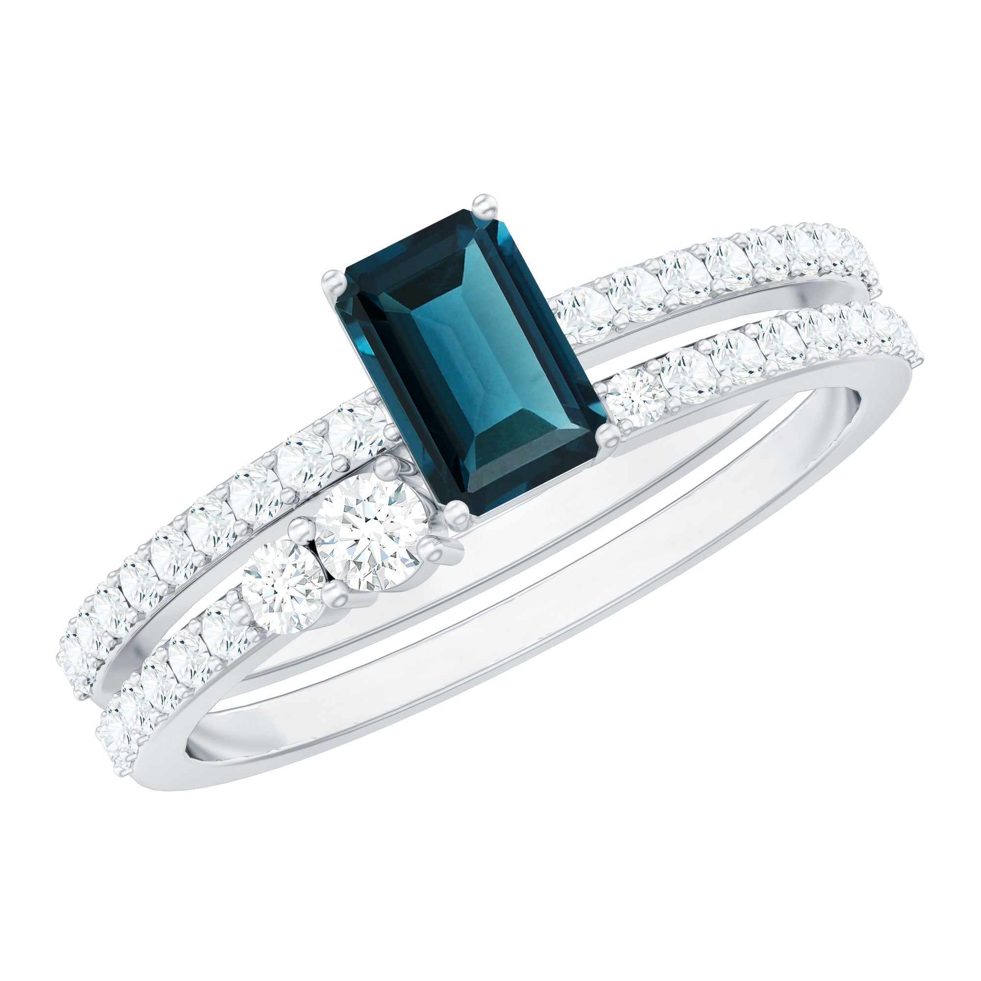 4X6mm Emerald Cut London Blue Topaz Wedding Ring Set with Diamond