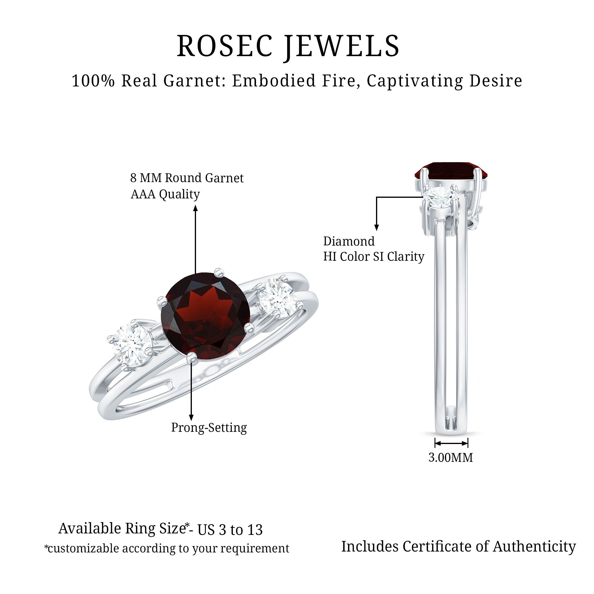 Genuine 8mm Garnet Diamond Double Band Engagement Ring