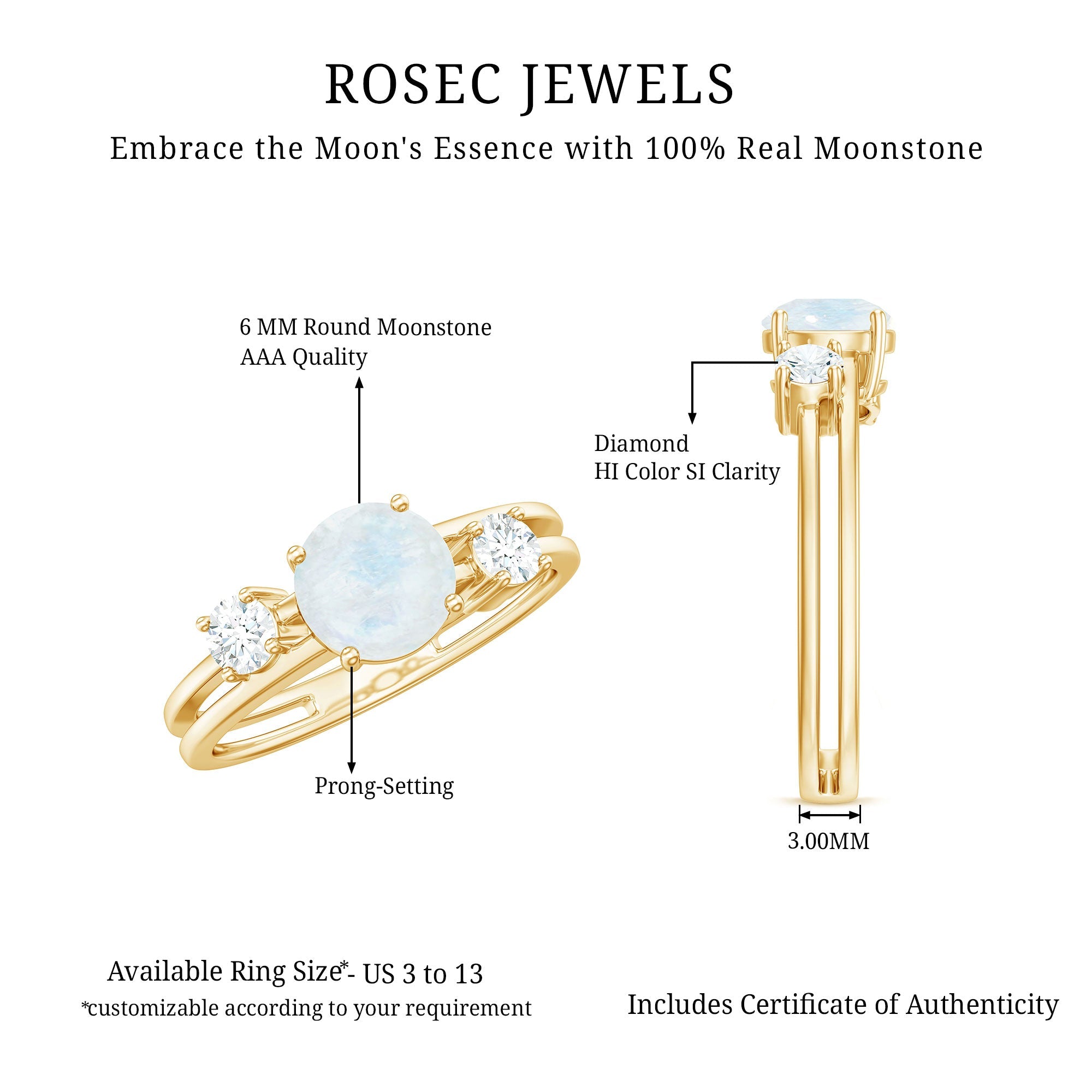 1/2 CT Moonstone Solitaire Double Band Ring with Diamond