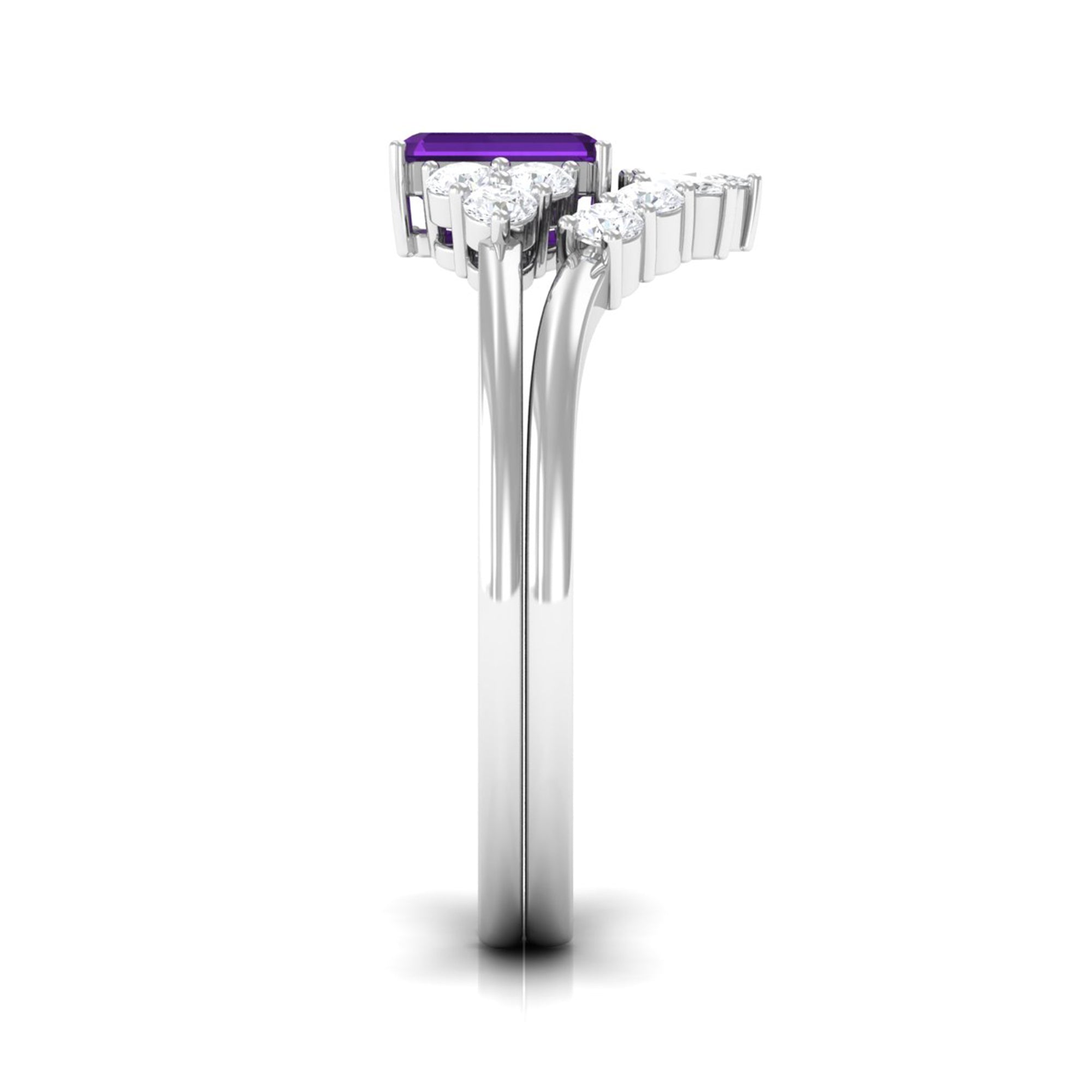 1.4 Carat Amethyst Emerald Cut Engagement Ring with Diamond Wedding Band