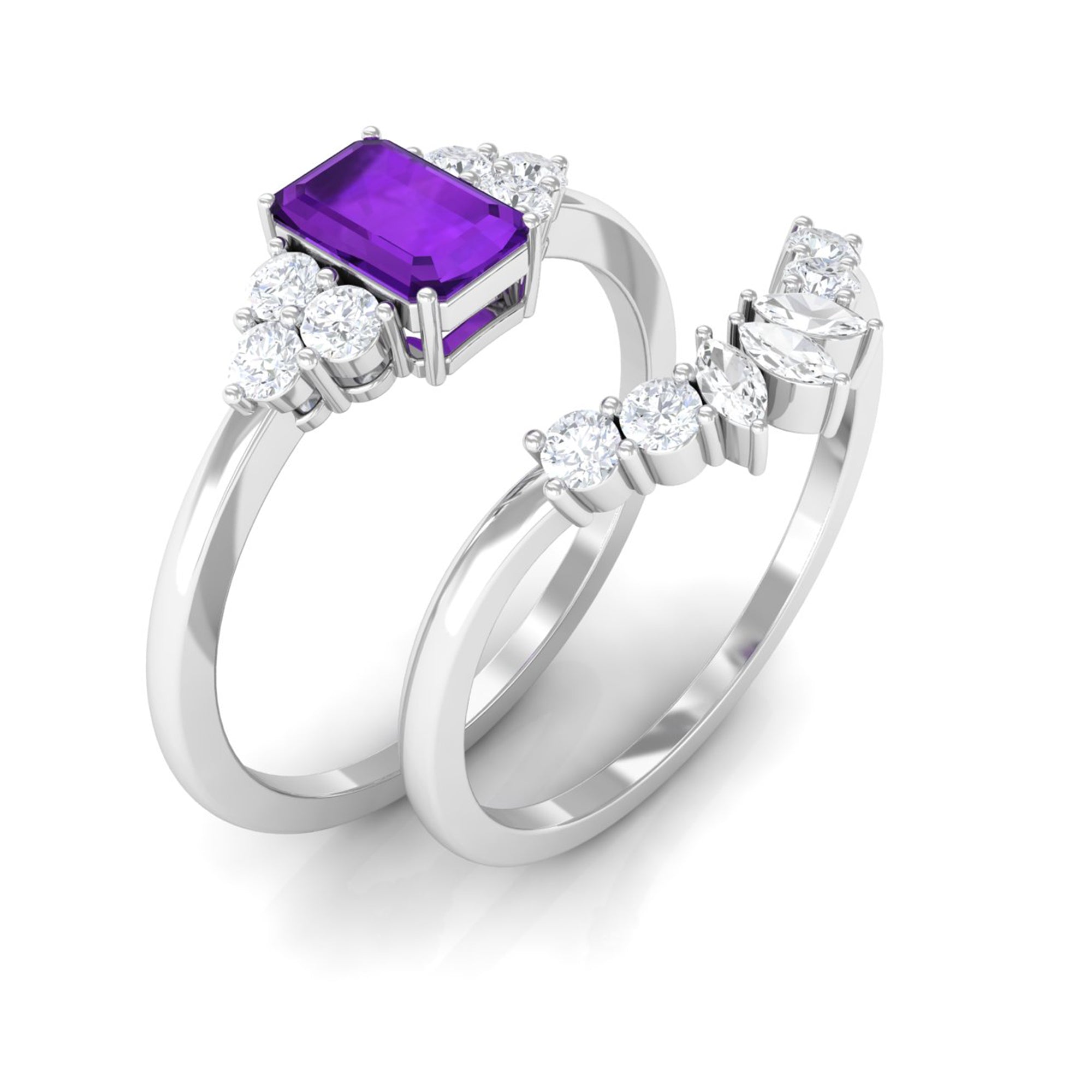 1.4 Carat Amethyst Emerald Cut Engagement Ring with Diamond Wedding Band