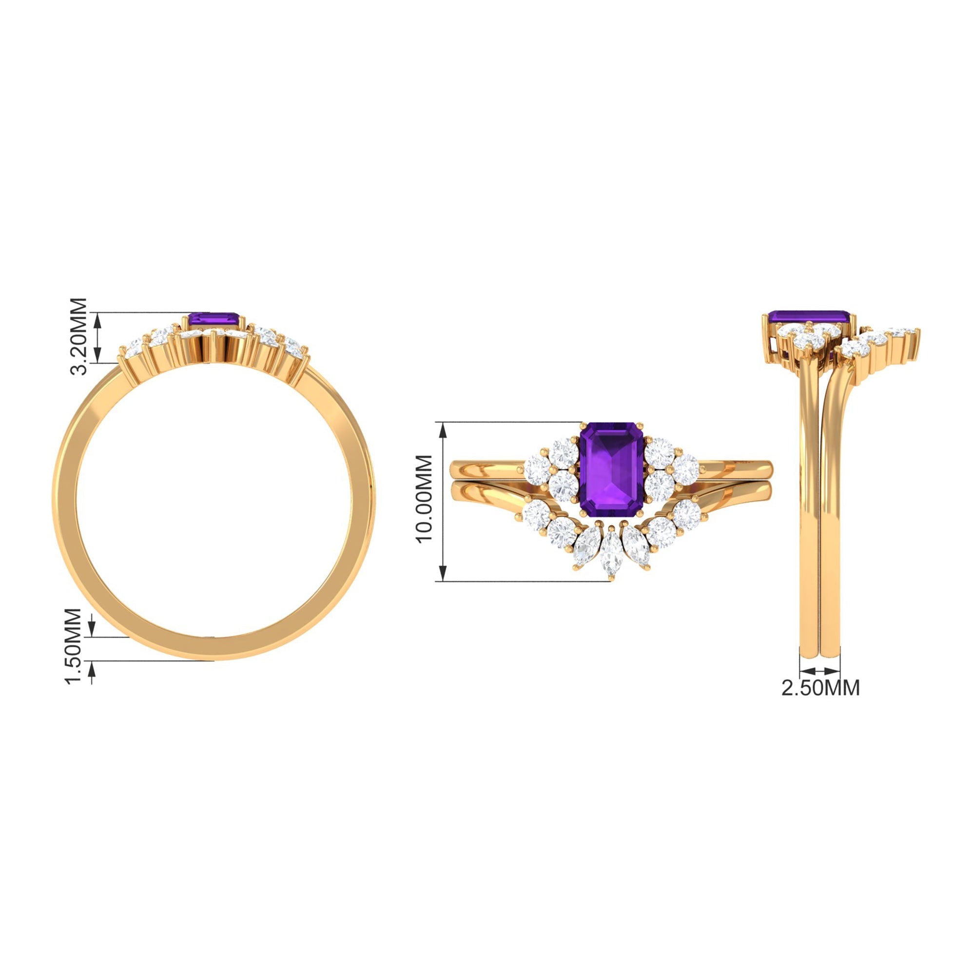 1.4 Carat Amethyst Emerald Cut Engagement Ring with Diamond Wedding Band