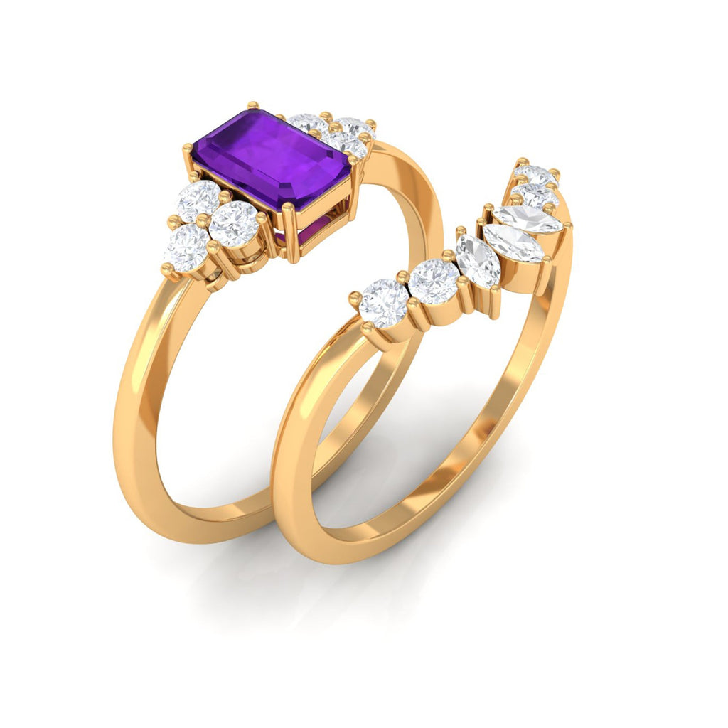 1.4 Carat Amethyst Emerald Cut Engagement Ring with Diamond Wedding Band