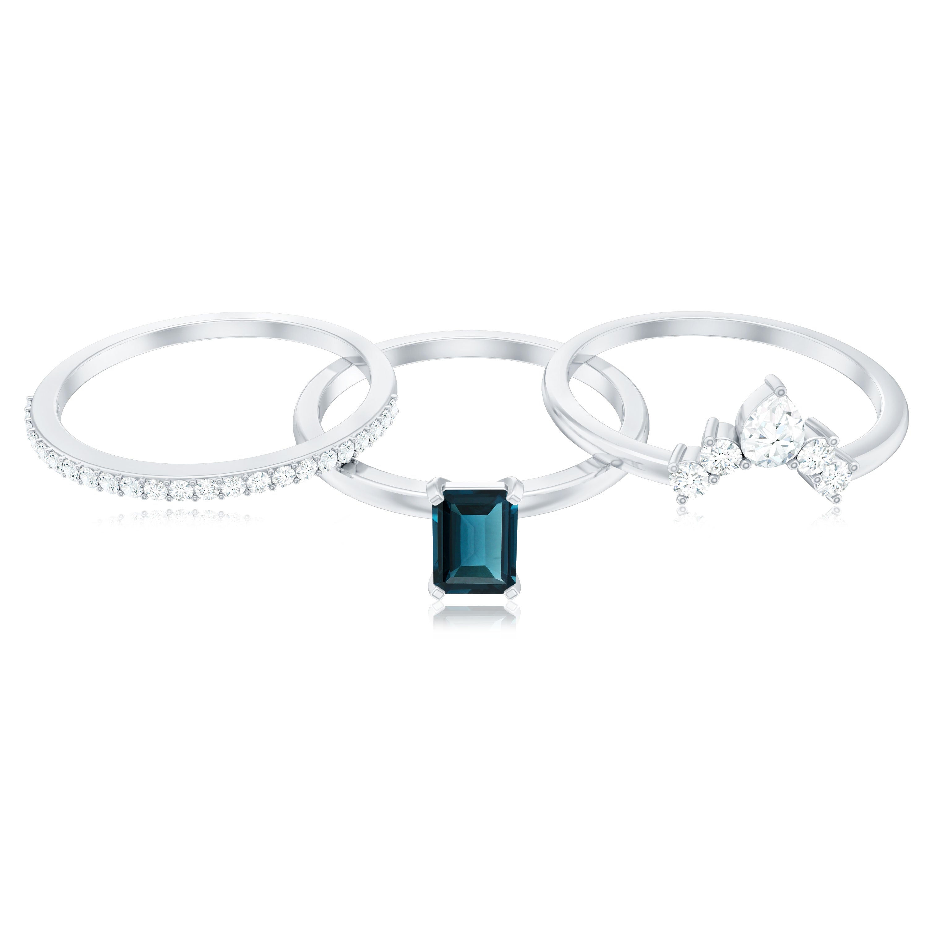 4X6mm Emerald Cut London Blue Topaz Solitaire Trio Ring Set with Diamond