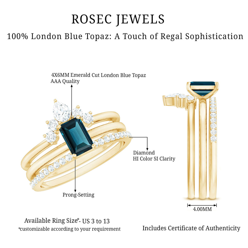 4X6mm Emerald Cut London Blue Topaz Solitaire Trio Ring Set with Diamond