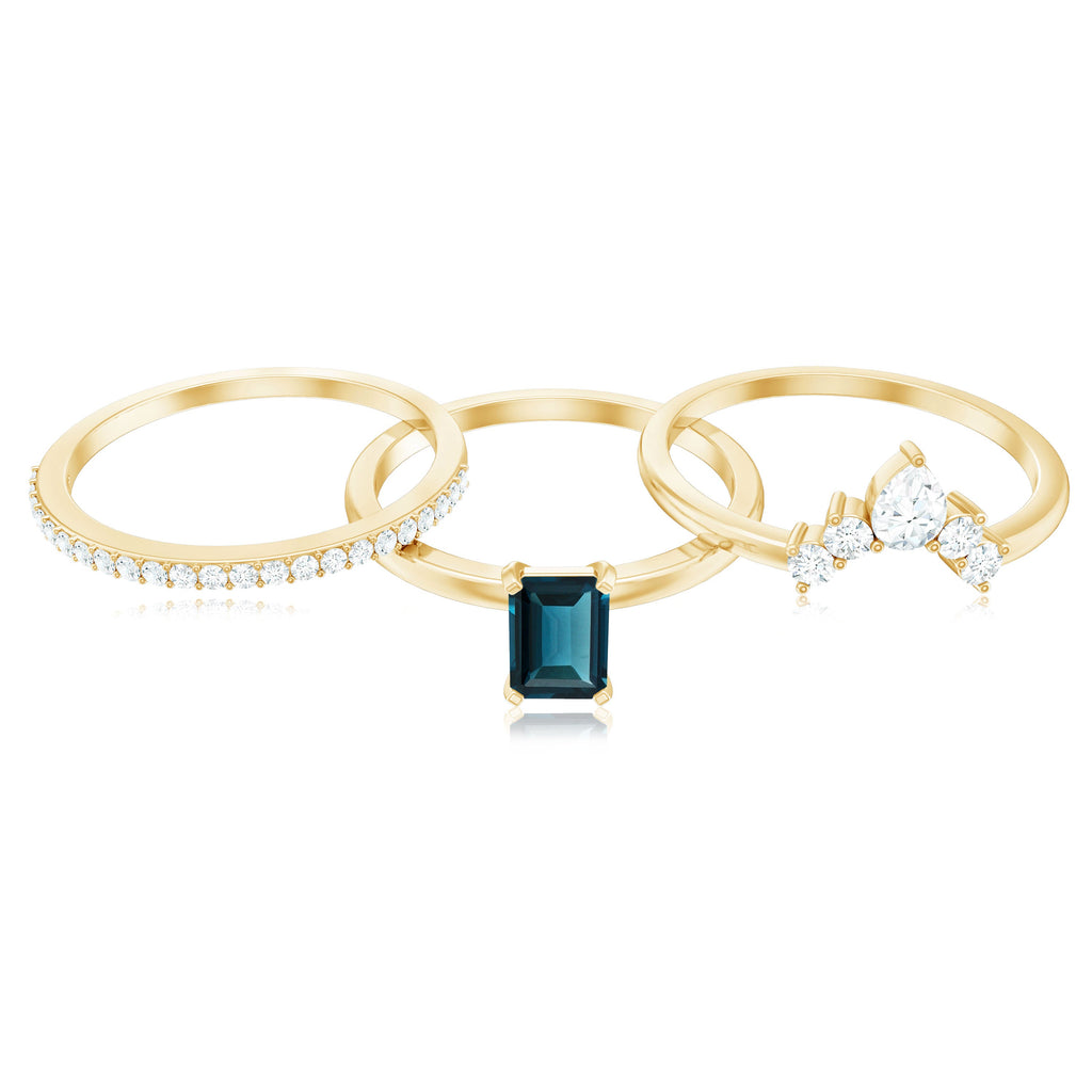4X6mm Emerald Cut London Blue Topaz Solitaire Trio Ring Set with Diamond