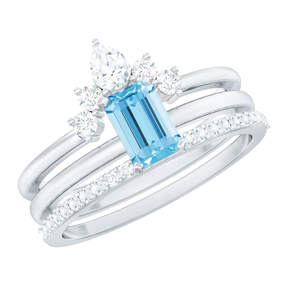 Emerald Cut Aquamarine Solitaire Ring Set of 3 with Diamond