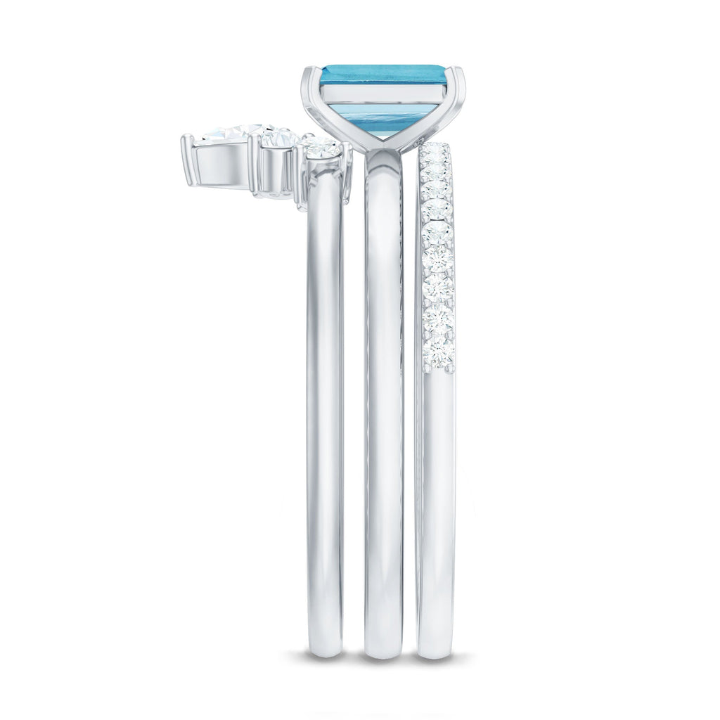 Emerald Cut Aquamarine Solitaire Ring Set of 3 with Diamond