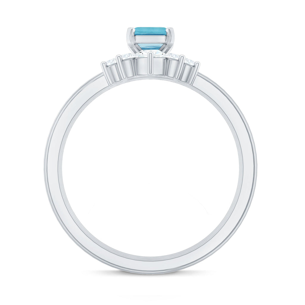 Emerald Cut Aquamarine Solitaire Ring Set of 3 with Diamond
