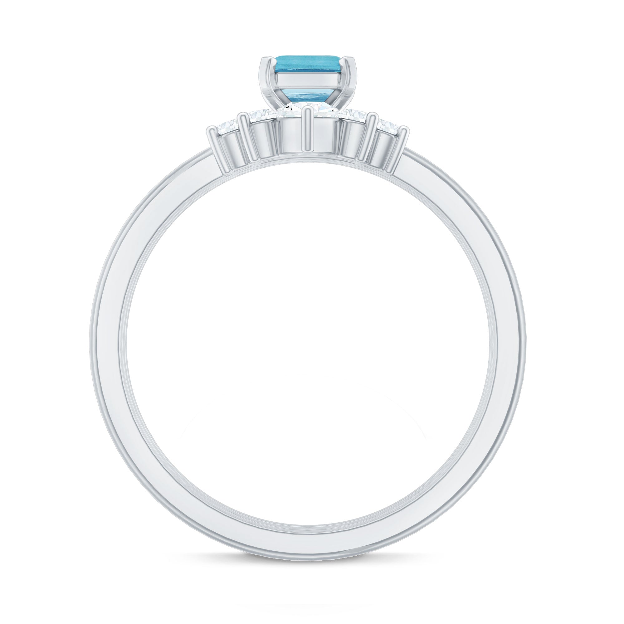 Emerald Cut Aquamarine Solitaire Ring Set of 3 with Diamond