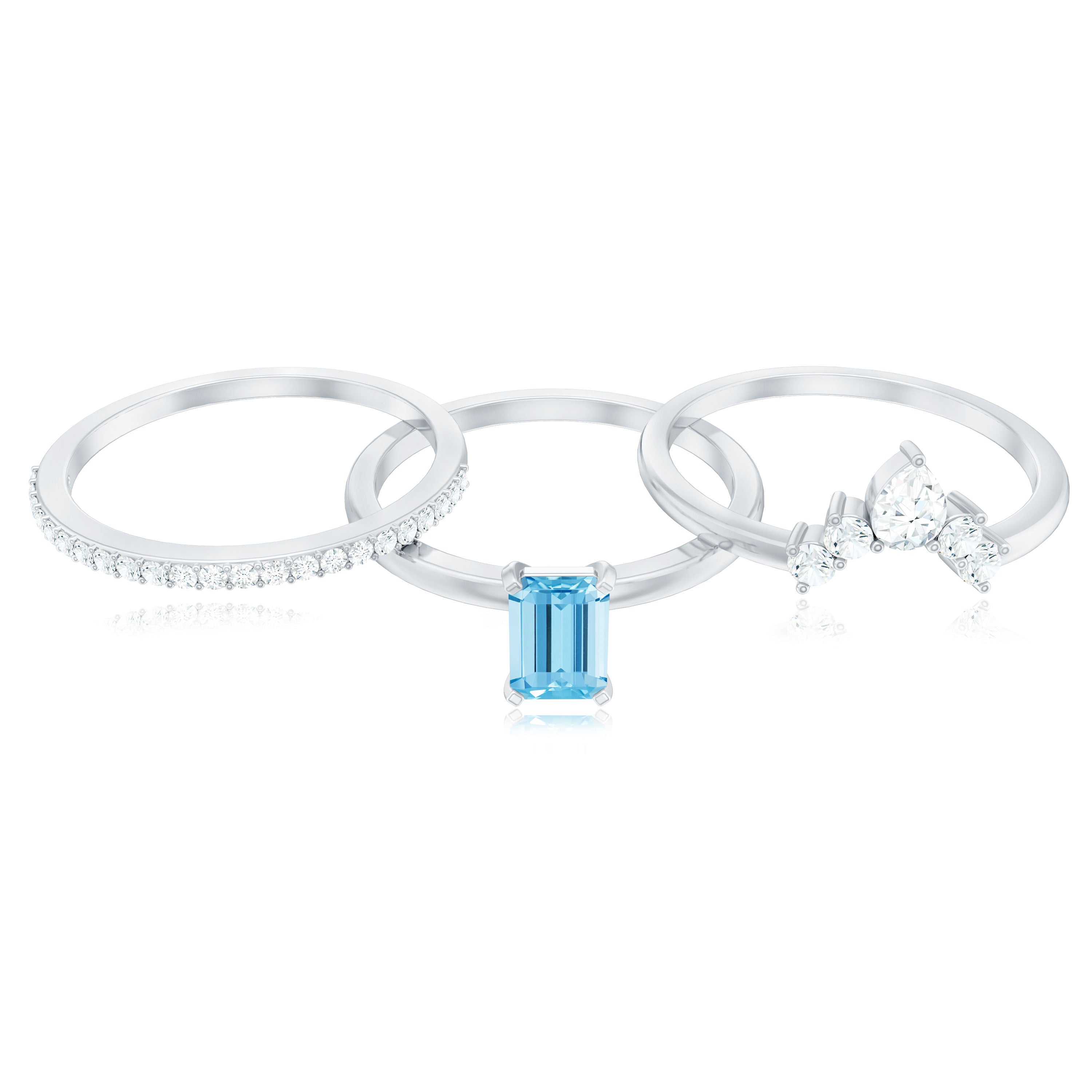 Emerald Cut Aquamarine Solitaire Ring Set of 3 with Diamond