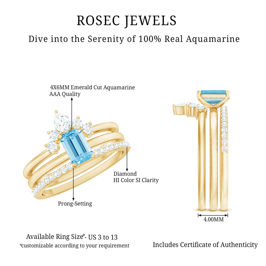 Emerald Cut Aquamarine Solitaire Ring Set of 3 with Diamond