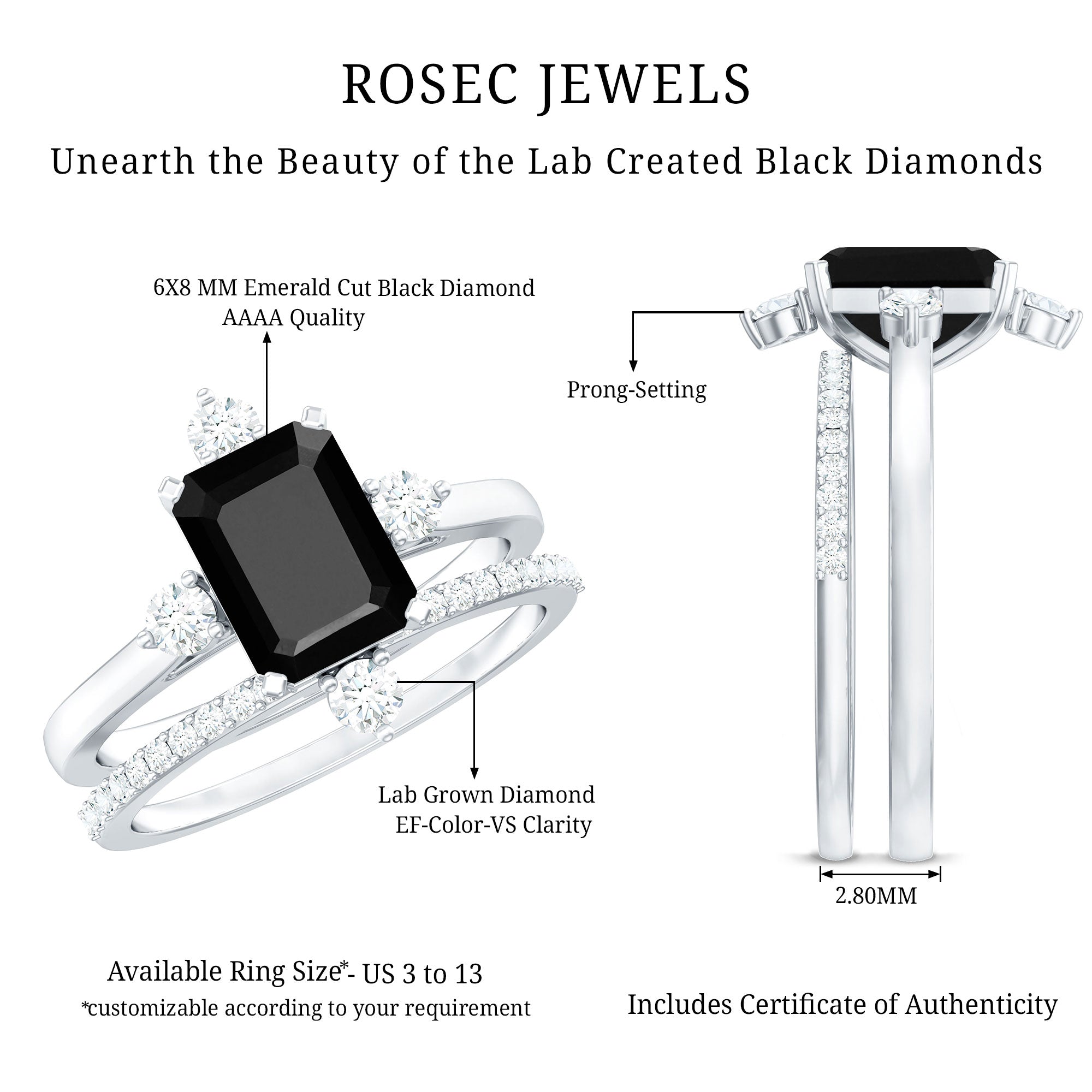 Certified 2 Carat Emerald Cut Lab Grown Black and White Diamond Engagement Ring with Enhancer