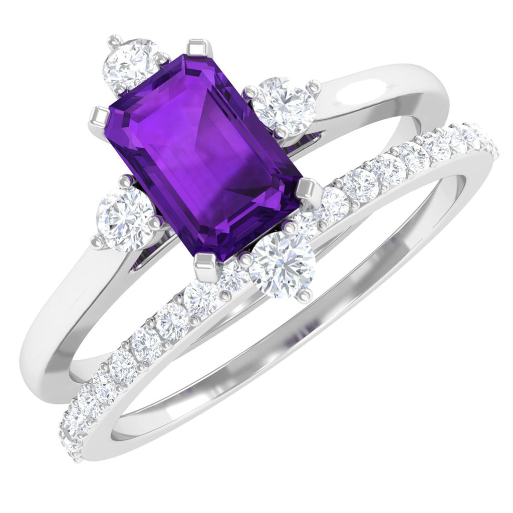 Real 1.4 Carat Amethyst Emerald Cut Engagement Wedding Ring Set with Diamond