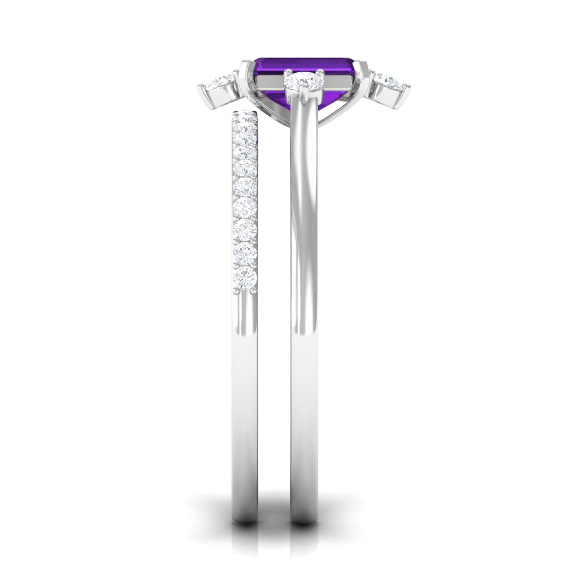 Real 1.4 Carat Amethyst Emerald Cut Engagement Wedding Ring Set with Diamond