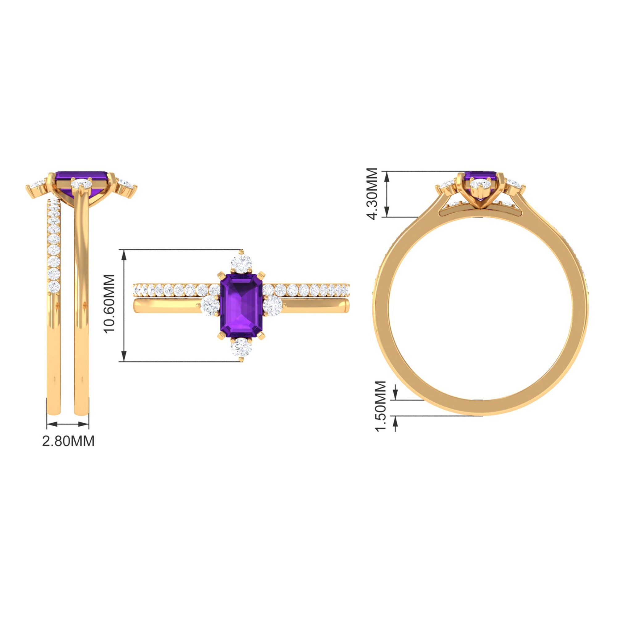 Real 1.4 Carat Amethyst Emerald Cut Engagement Wedding Ring Set with Diamond
