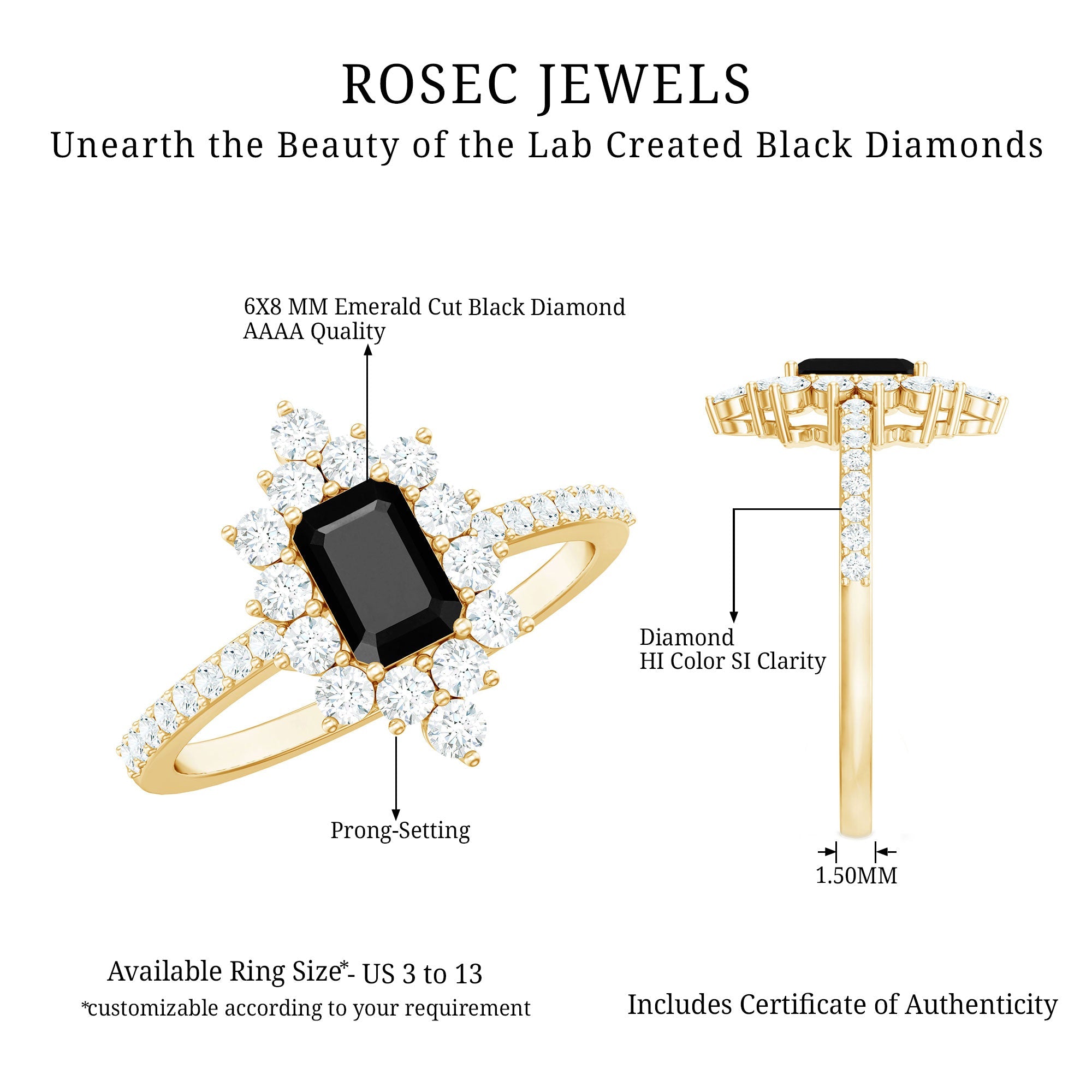 Vintage Style 1.6 Carat Lab Grown Black and White Diamond Emerald Cut Engagement Ring