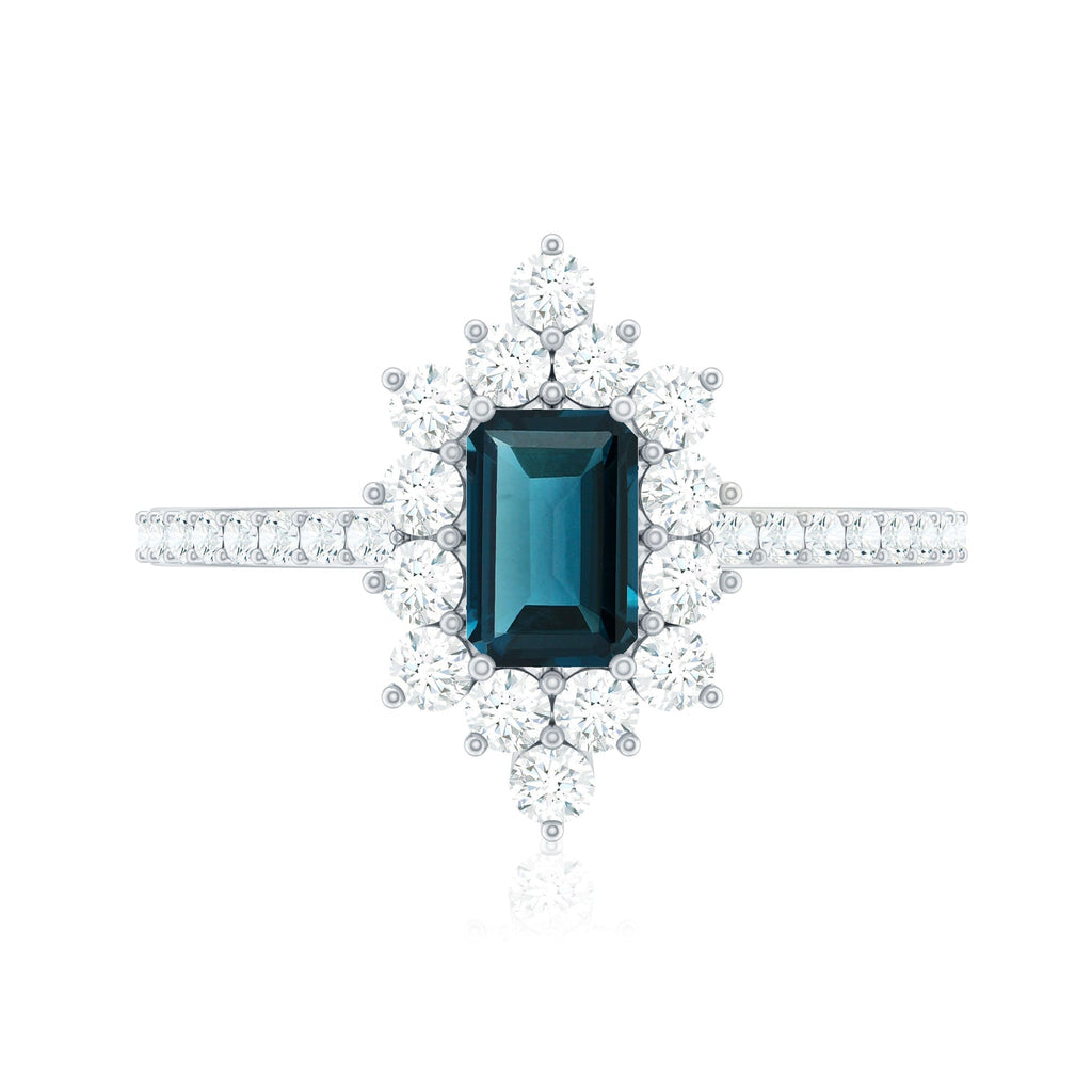 4X6mm Emerald Cut London Blue Topaz Antique Looking Engagement Ring with Diamond Halo