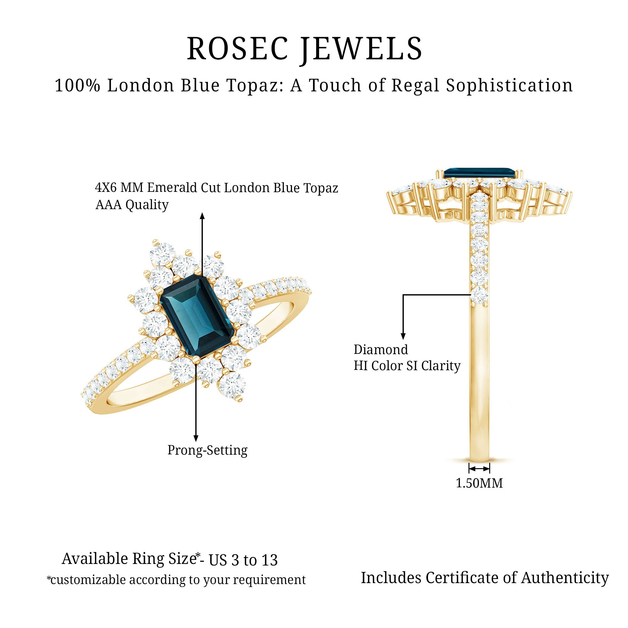 4X6mm Emerald Cut London Blue Topaz Antique Looking Engagement Ring with Diamond Halo